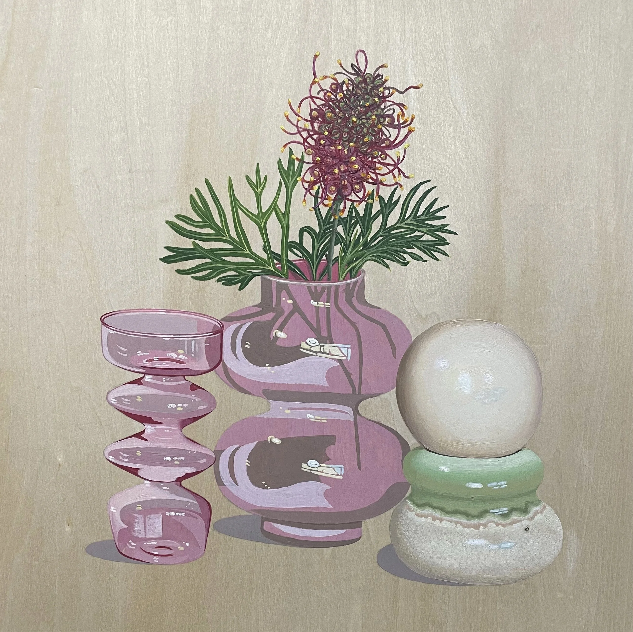Still Life Painting of two pink glass vases and an Australian native bottle brush flower