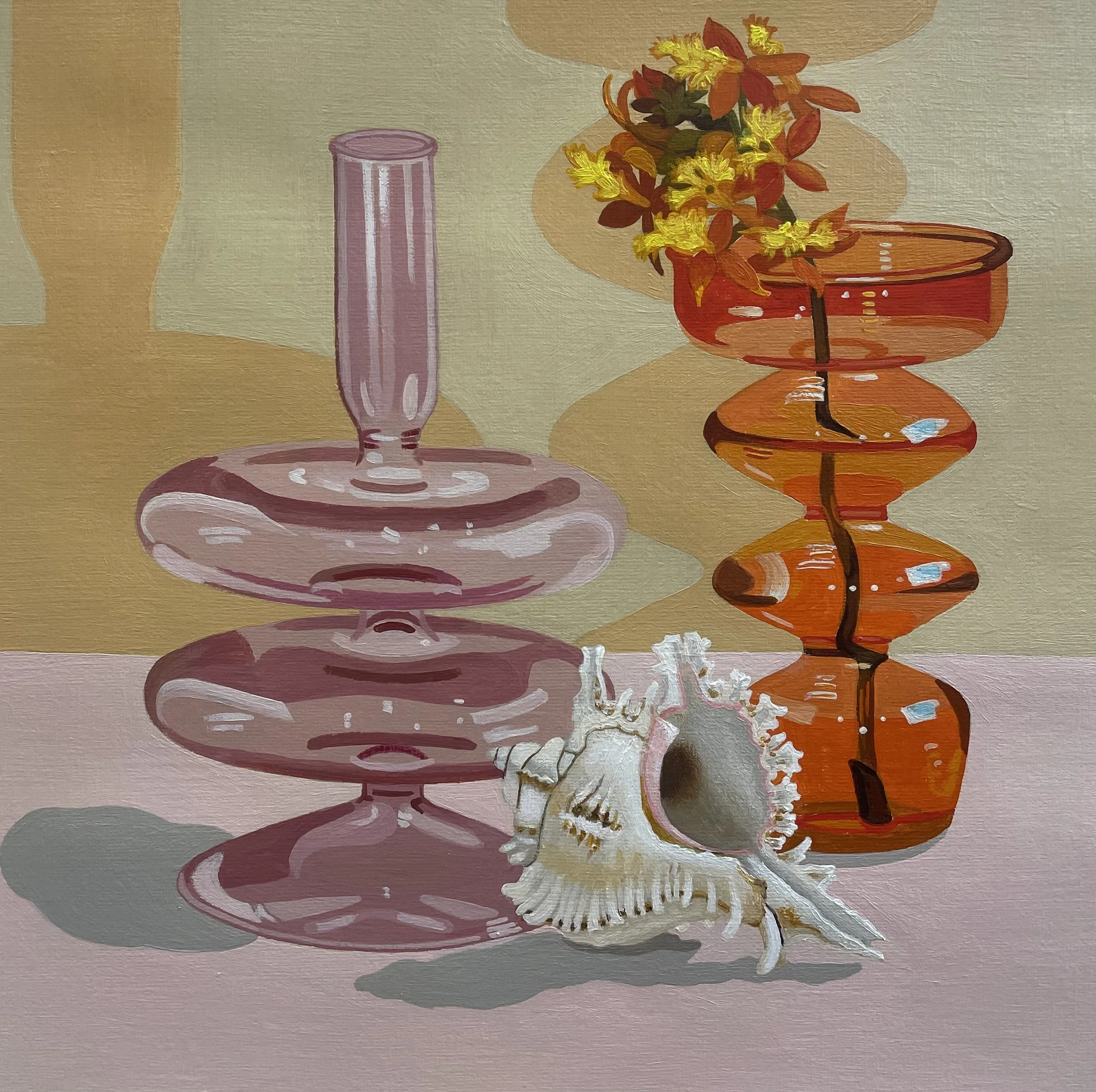Still life painting of a pink glass vase, an orange glass vase and a detailed sea shell