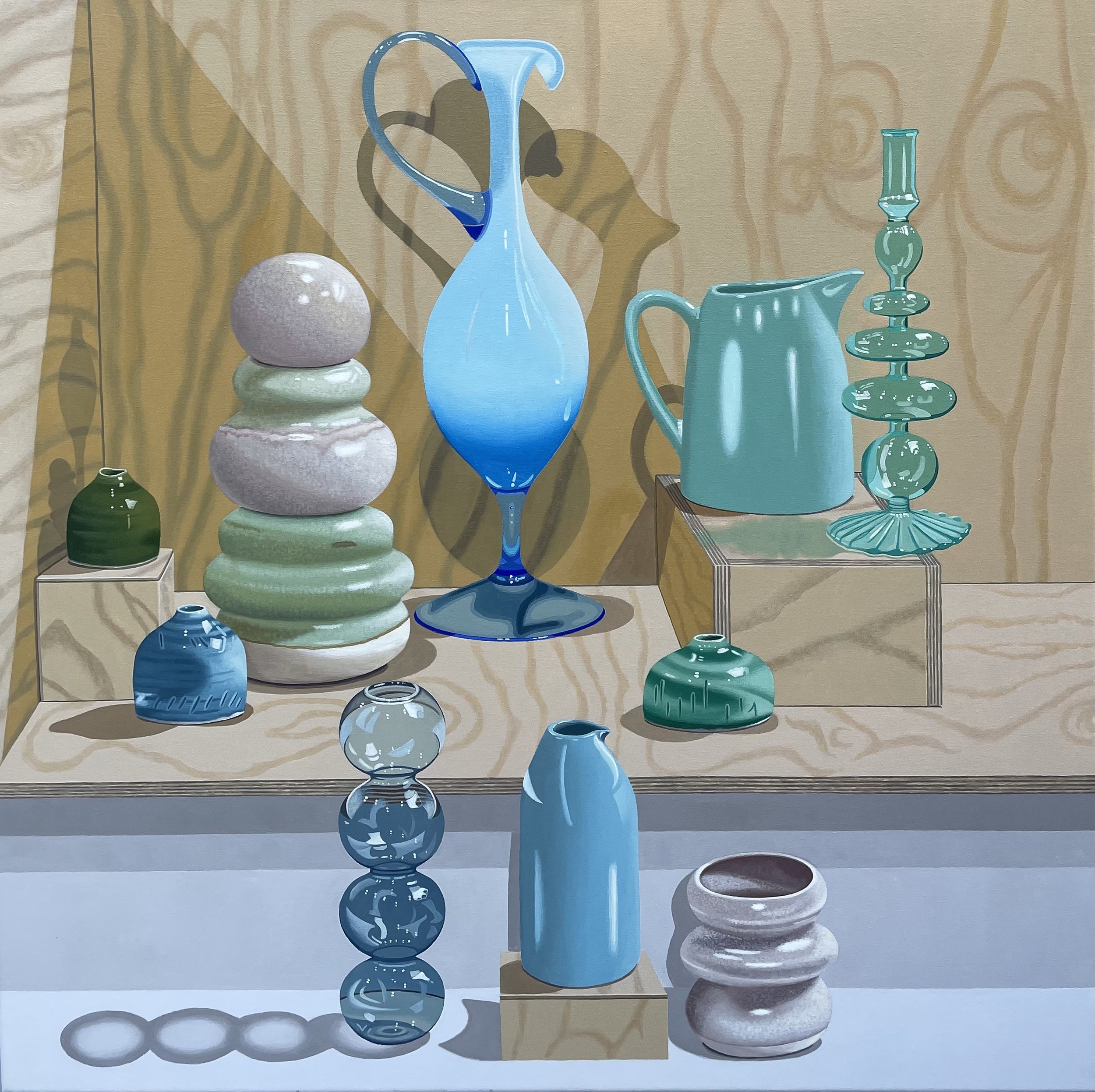 Still life painting of a pink glass vase, an orange glass vase and a detailed sea shell