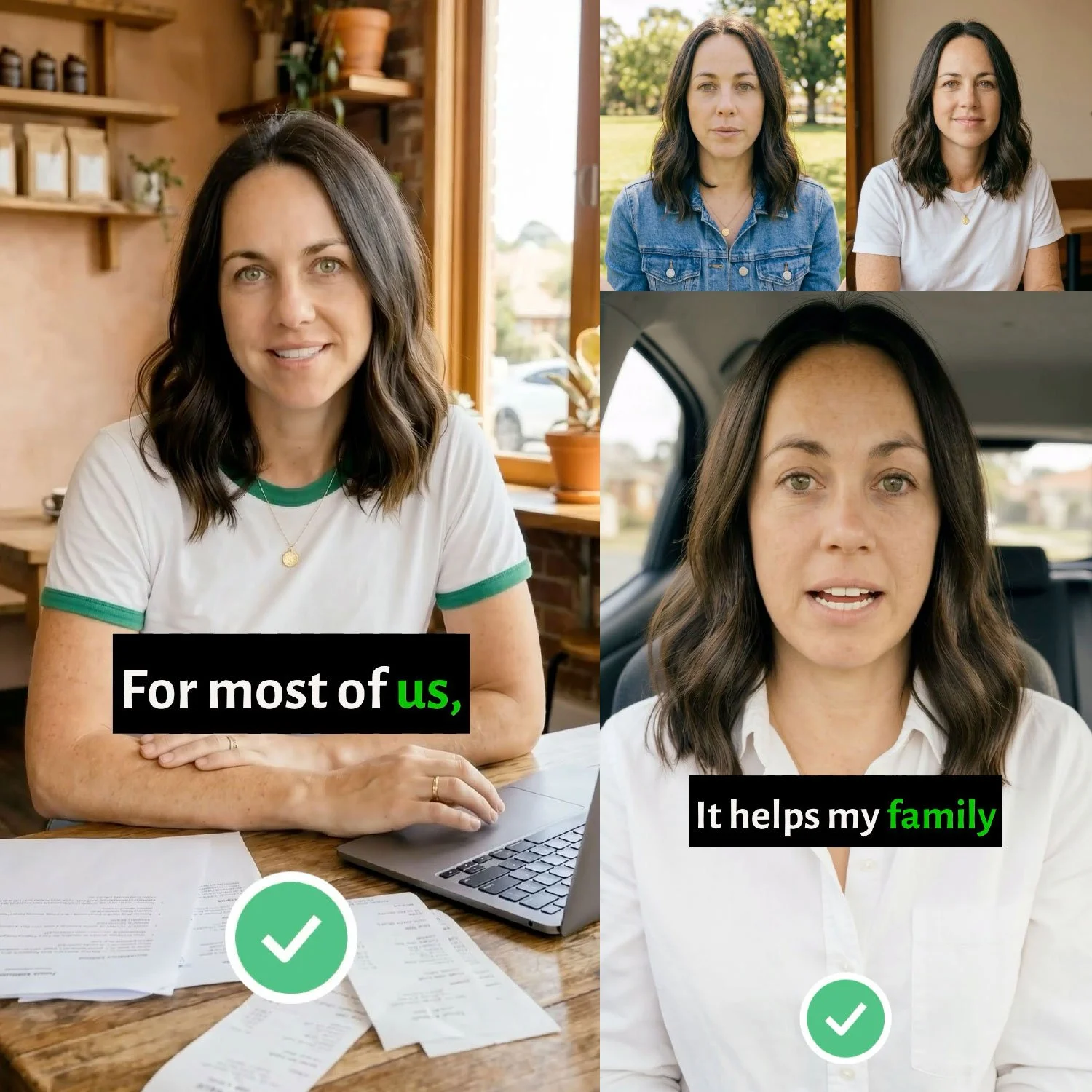 A woman is sitting at a wooden table with papers and a laptop, smiling at the camera. In the background, there are shelves with jars and potted plants. The image includes text: 'For most of us,' and a green checkmark. On the upper right, there are th