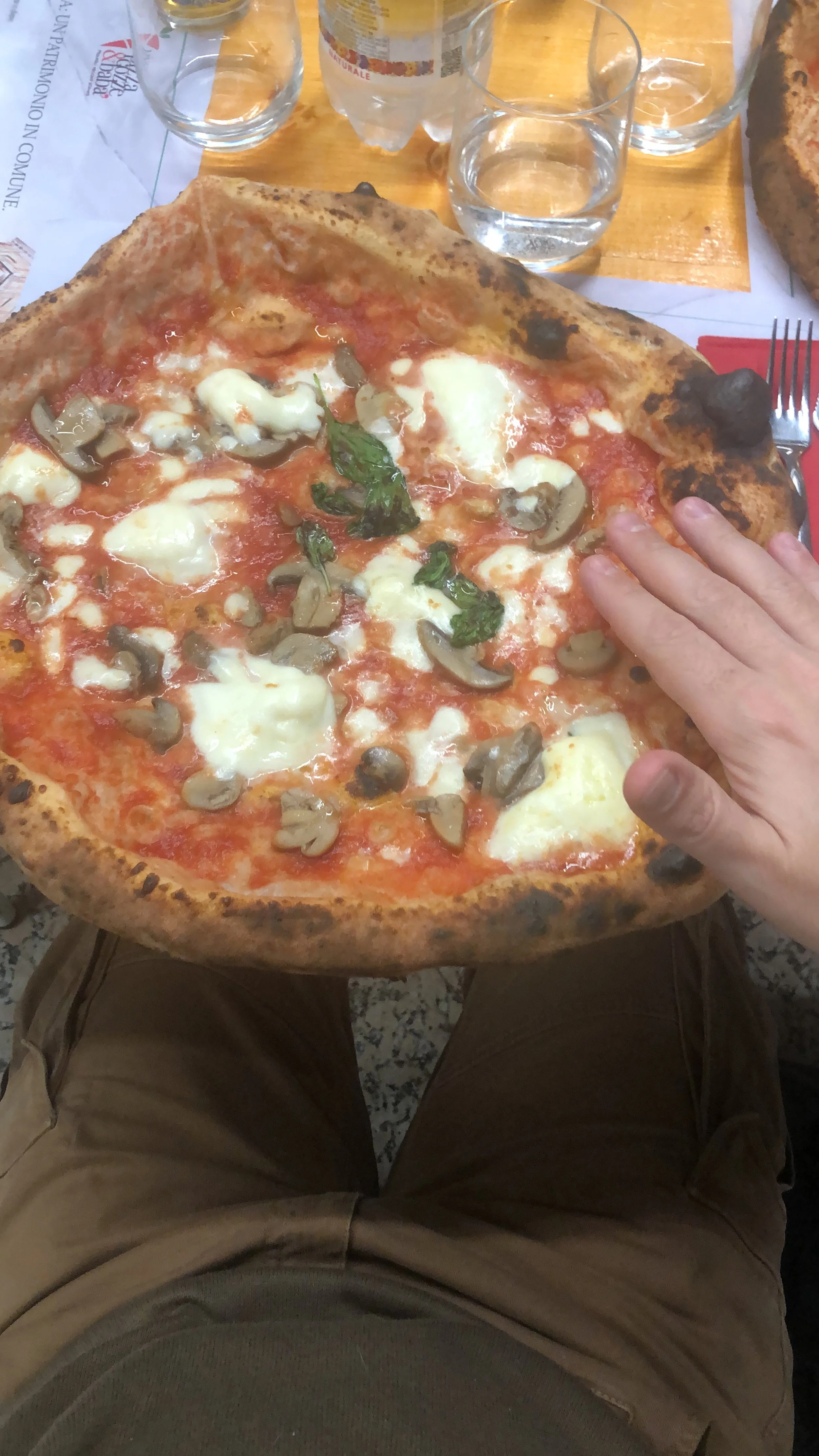 Pizza con mozzarella, funghi e basilico su tavolo. Bicchieri di vetro e bottiglia sullo sfondo.