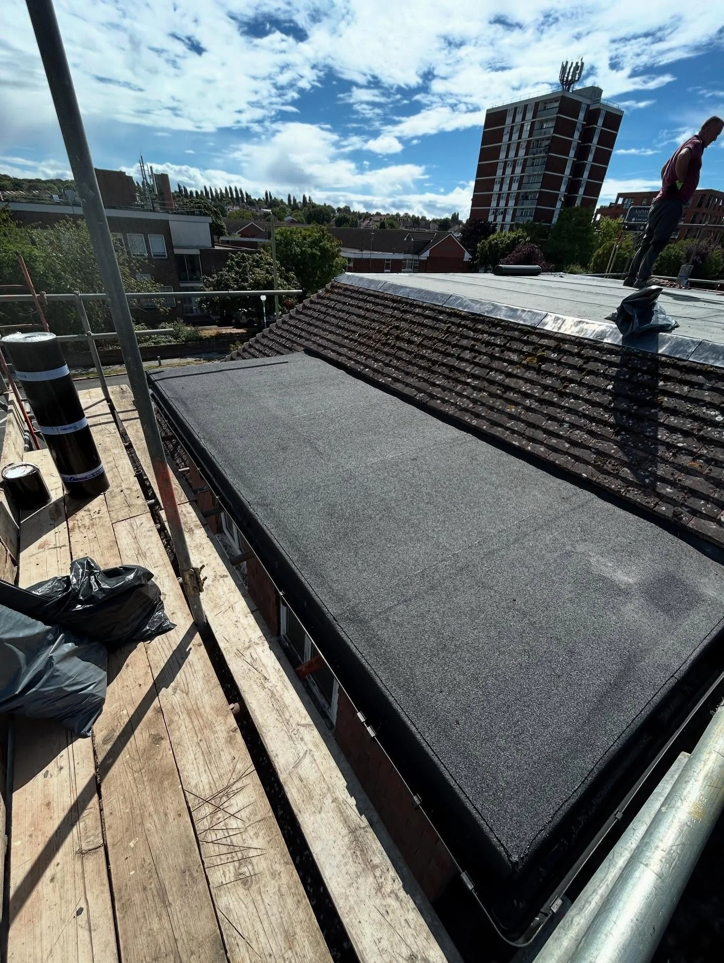 Two dormer tops and crown roof we completed  this week in Grove Park using a 3 layer touch on felt system. Visit www.sapsford.Co