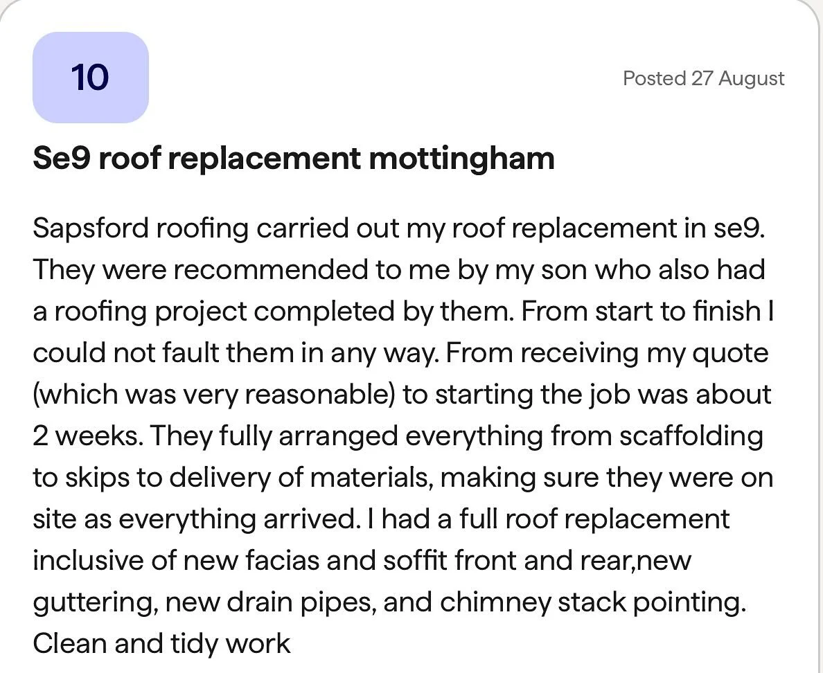 More great feedback from full re roof we completed  recently - we were recommended for this job by a previous client 
Visit www.sapsford.co