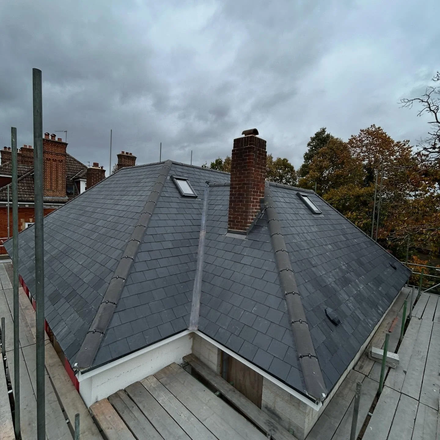 All completed today in Bickley for a good client. A new natural slate roof covering with all vent dry ridge and hips and  3 layer touch on felt systems to the two flats. 
Visit www.sapsford.co
