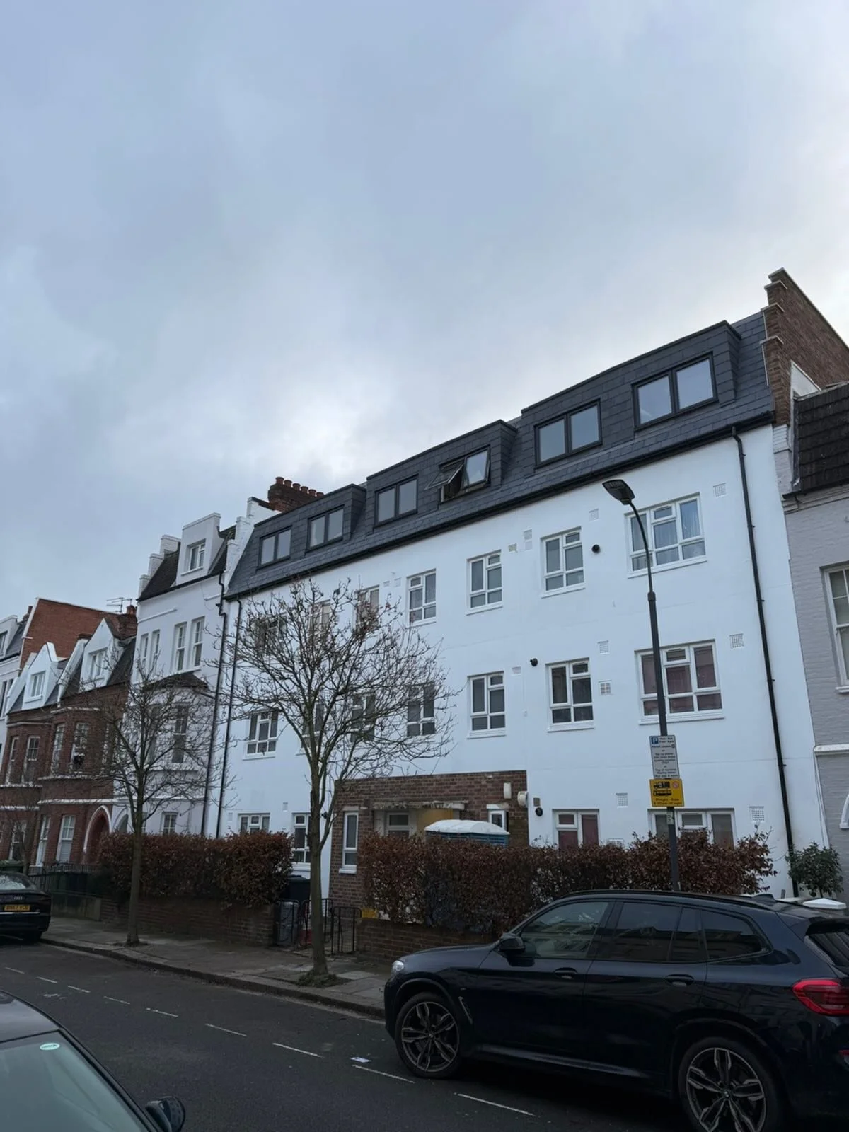 A client sent us this photo this morning now scaffold is all down. of the front of this block flats we did the roof on at the end last year in Fulham. We use a natural slate roof covering with all code 4 lead flashing and a 3 layer touch on felt syst