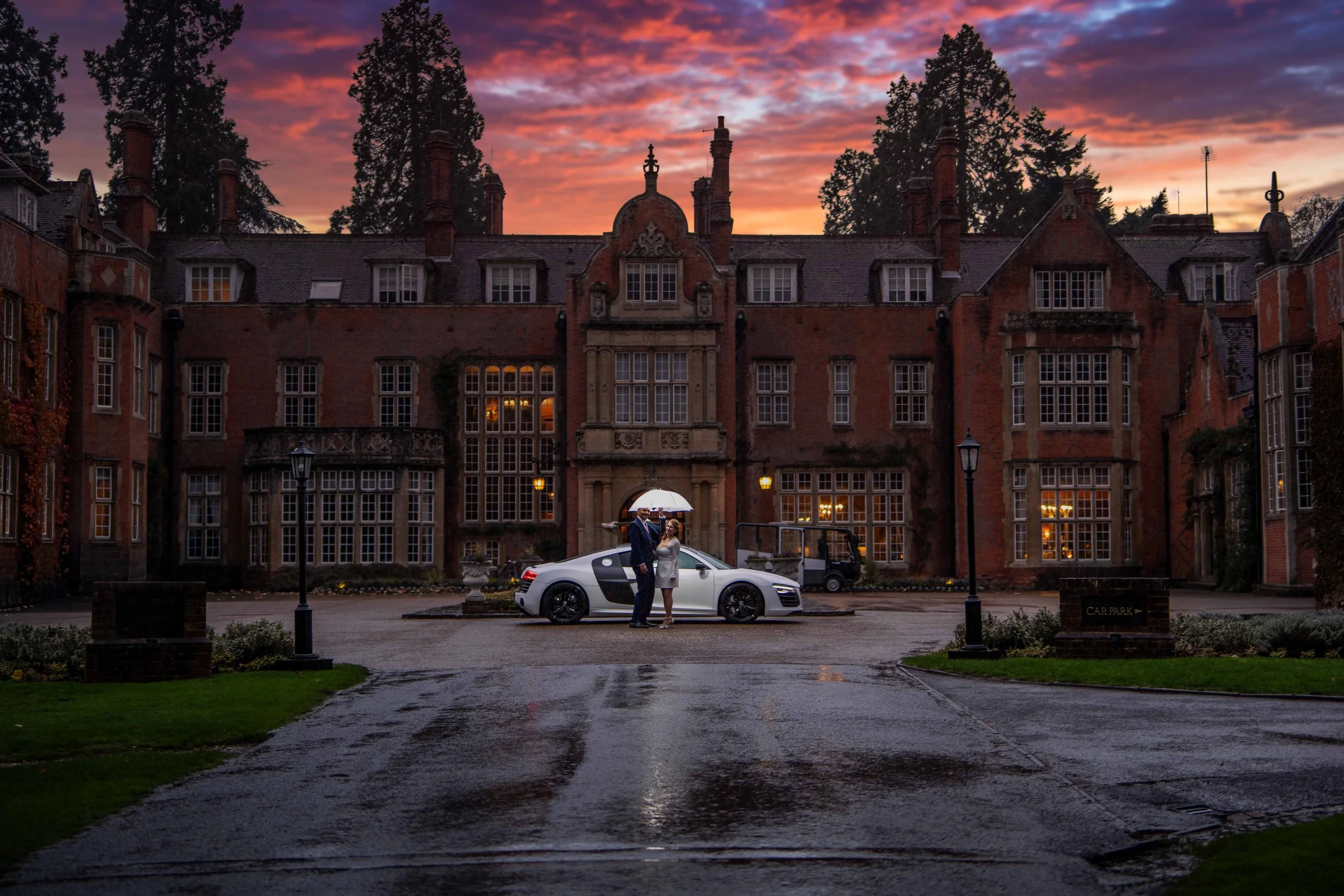 Sports car and a wedding go very well together at this old fashioned hotel in Hampshire