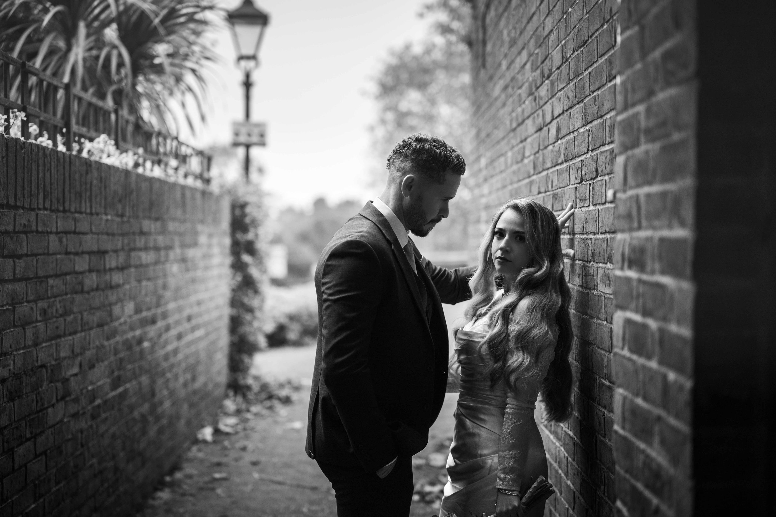 Bride and groom near registry office, Southampton.
