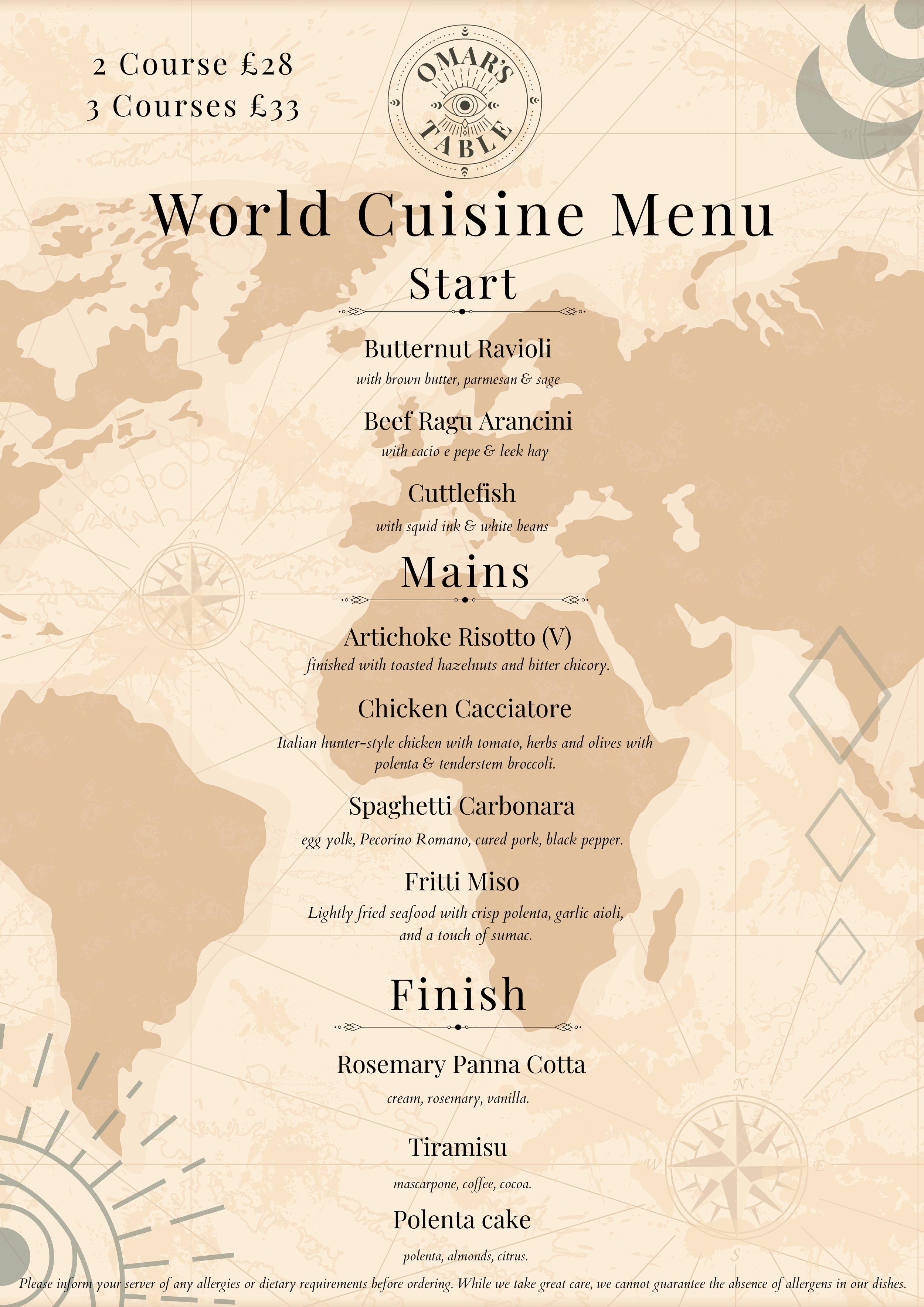 A world cuisine menu featuring starters, mains, and desserts with prices and dish descriptions, over a vintage world map background.