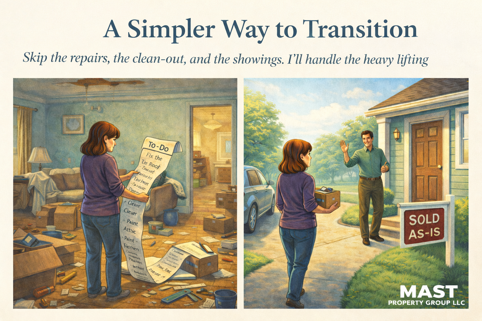 Comparison of a messy, cluttered house interior with a woman holding a long to-do list on the left, and a clean, well-maintained house exterior with a woman receiving a house key from a man on the right.