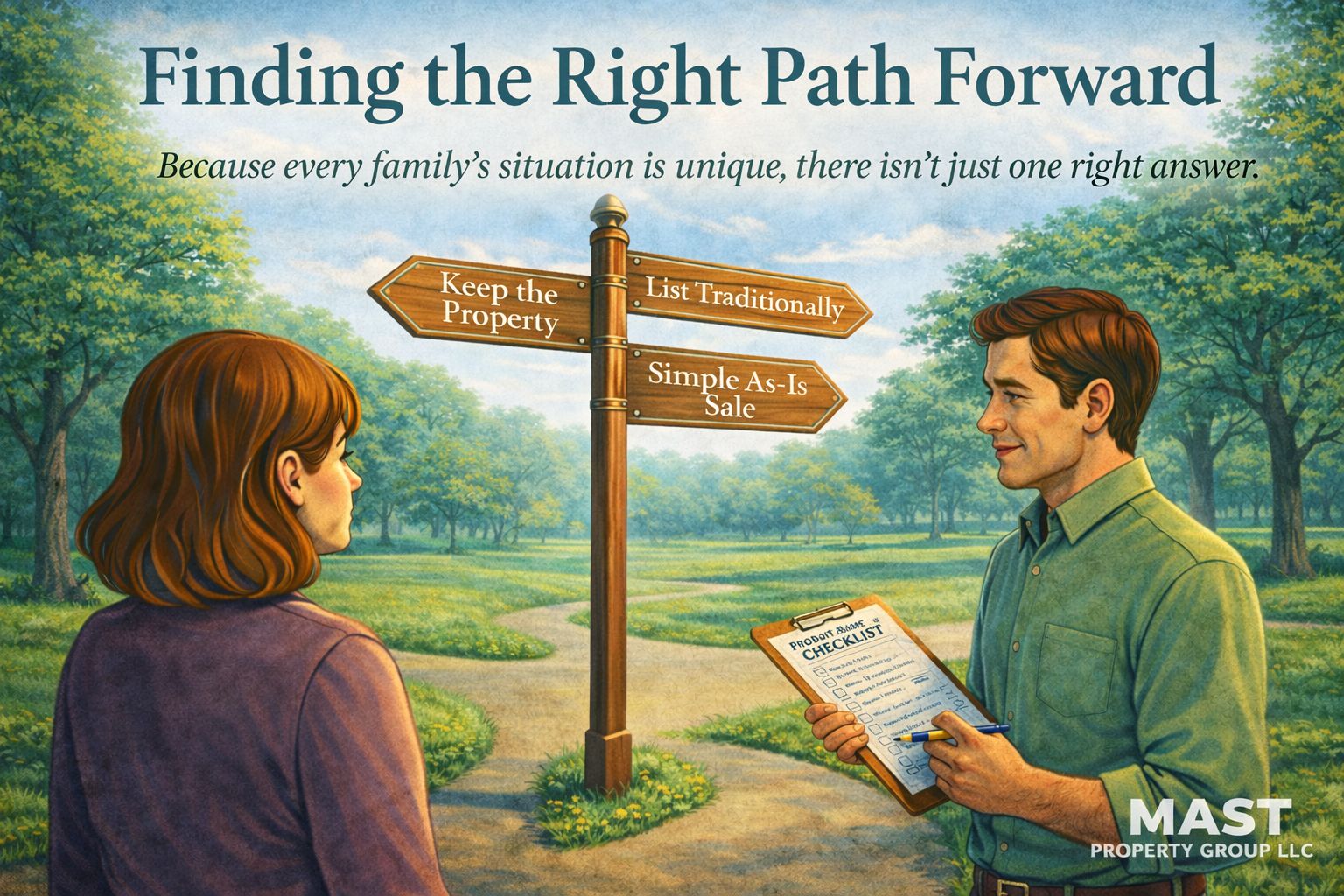 An illustrated scene showing a woman and a man outdoors near a signpost with three directional signs labeled "Keep the Property," "List Traditionally," and "Simple As-Is Sale." The man is holding a clipboard with a home checklist and a pen, and they are looking at each other in a park-like setting with trees and a dirt path.