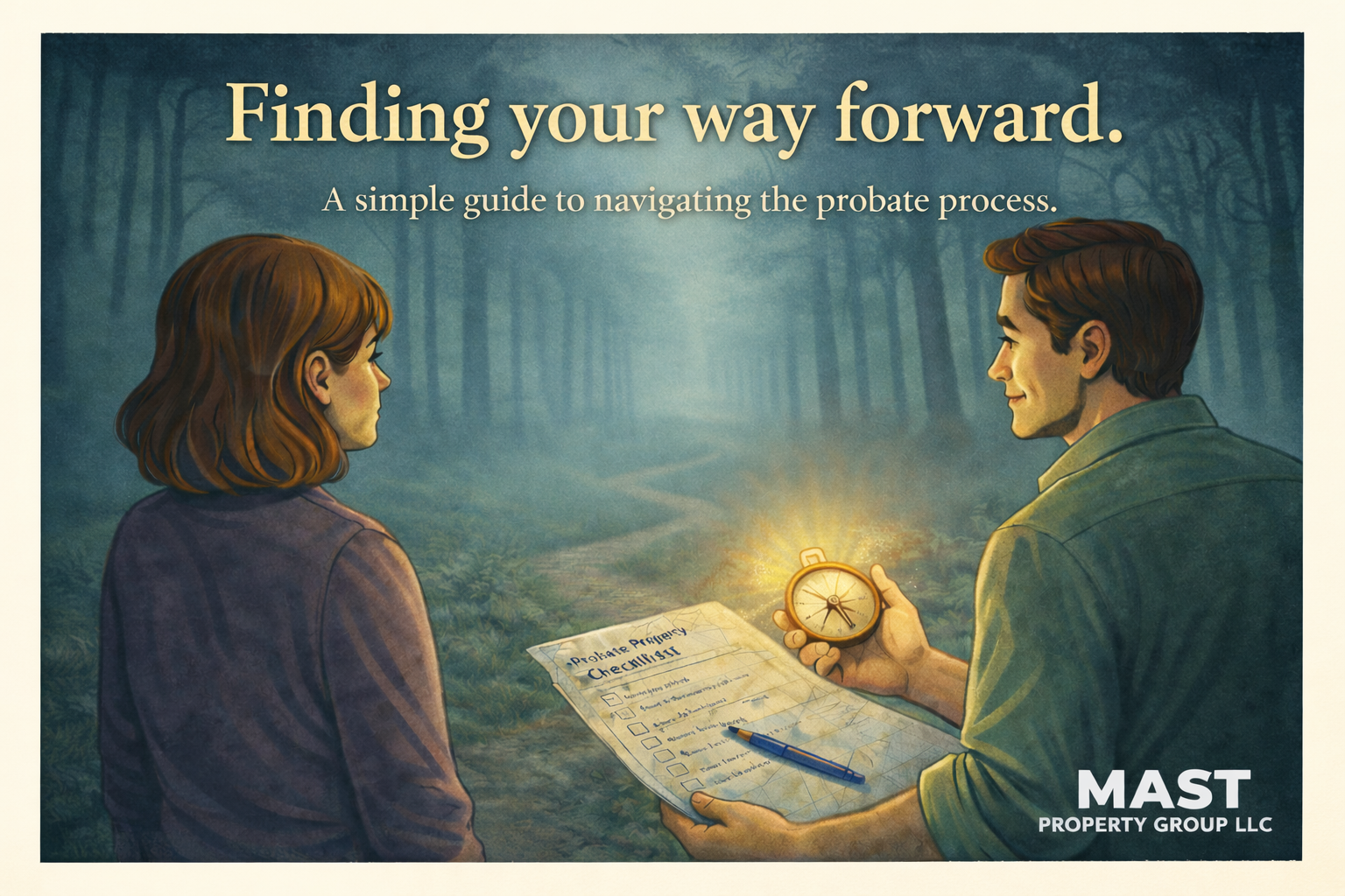 An illustration of a woman and a man in a forest, discussing probate process. The man holds a compass and a checklist titled 'Probate Probate Checklist' with a pen on it. The text at the top reads 'Finding your way forward. A simple guide to navigating the probate process.' The bottom right has the company name 'MAST PROPERTY GROUP LLC'.