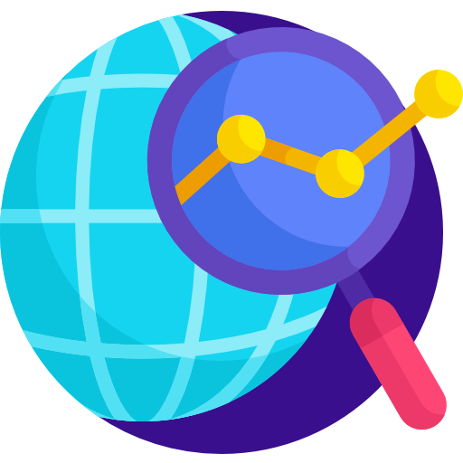 An illustration of a globe with a rising line graph and a magnifying glass, representing global data analysis or statistics.