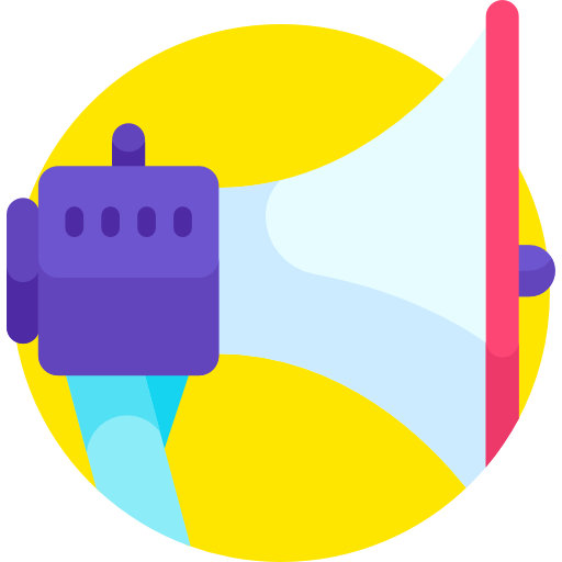 A cartoon-style illustration of a loudspeaker emitting sound waves with a yellow circular background.