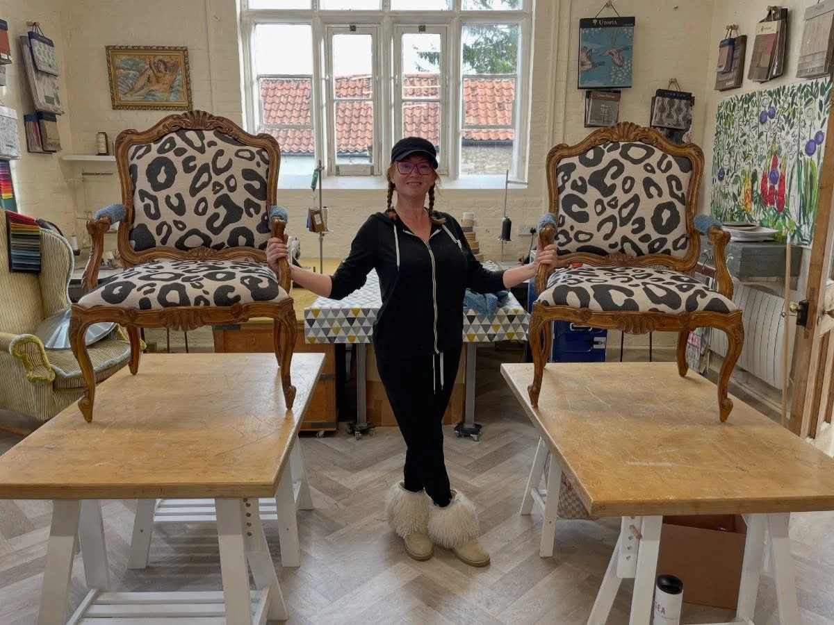 These chairs -What a pair! Helen has an eye for the wild and wonderful, and these American import fauteuil style chairs looked the part in this @torimurphytextiles animal fabric. Grrreat work Helen. 🐯 I especially like the contrast blue boucl&eacute