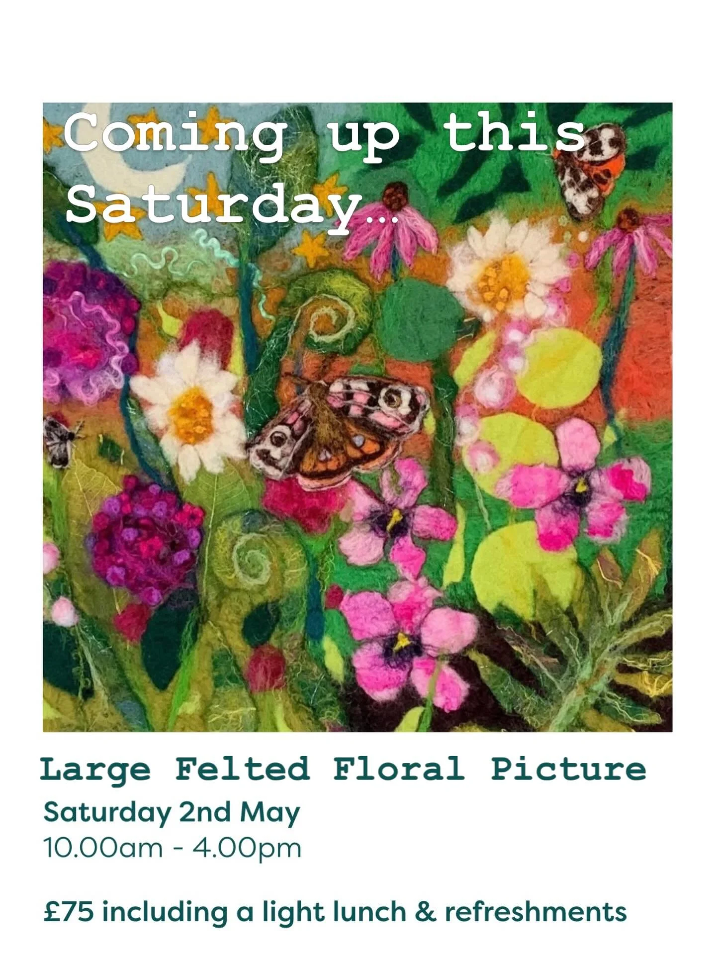 Due to a cancellation we have two spaces on a large felted floral picture course this Saturday. Book now at www.FolkinghamCreative.co.uk #bankholidaycrafting #feltingclass #thisislincolnshire #learntofelt #craft a delicious light lunch is included pl