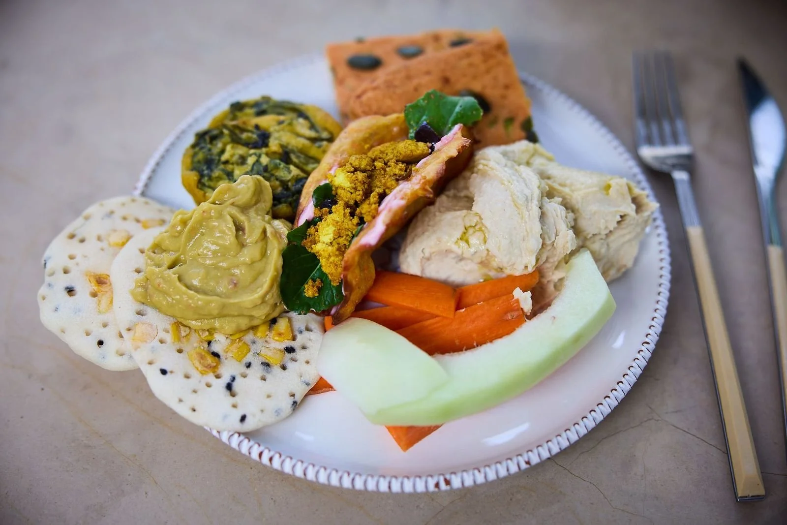 A delicious plate of gluten-free coeliac safe food at YogaPulia in Italy on our 2024 Yoga retreat taken by David Lindsey