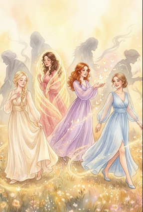 Book cover 'Courage to change' shows four women in flowing pastel dresses standing in a grassy field with glowing light and wisps of smoke or mist around them.