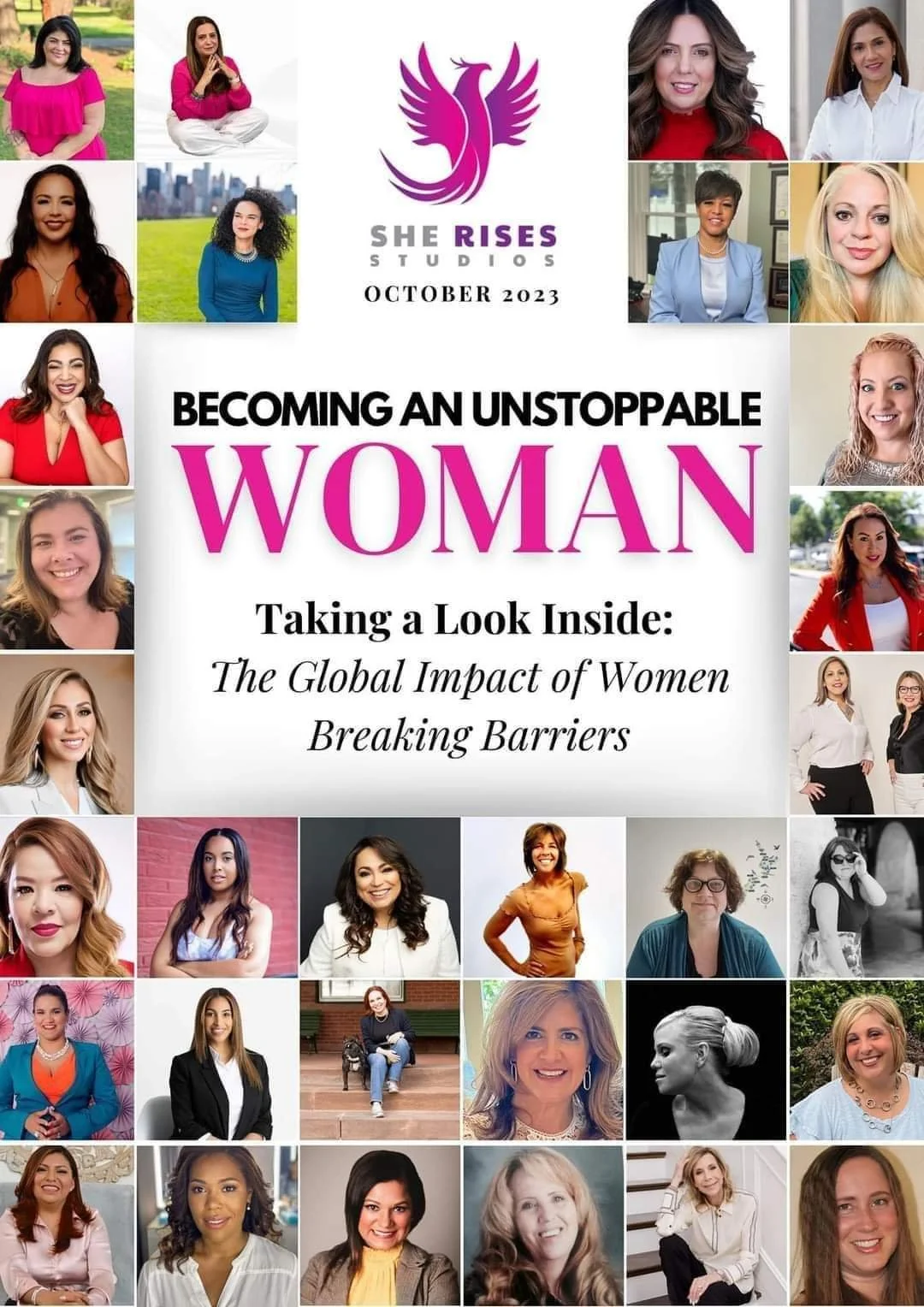 Collage of women with a central title promoting an event about women breaking barriers, featuring the logo of She Rises Studios and the event date October 2023.