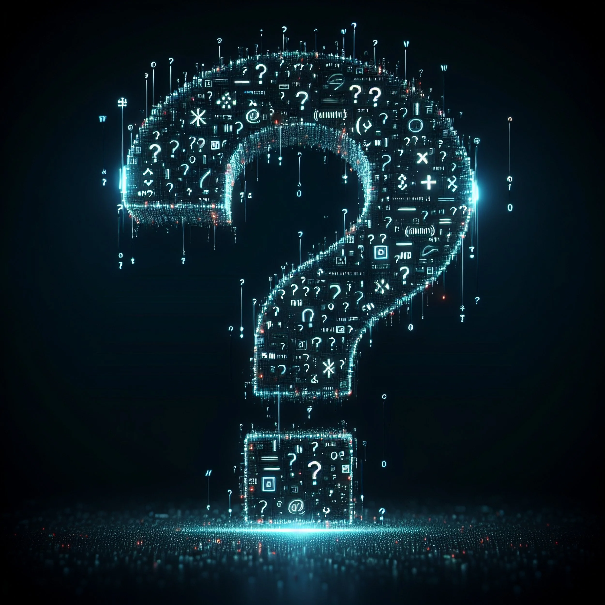 A big question mark that includes many small question marks, that symbolize frequent questions about Ant Nest.