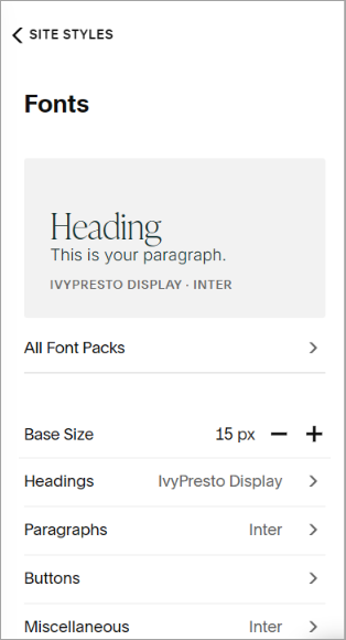Site Style fonts menu