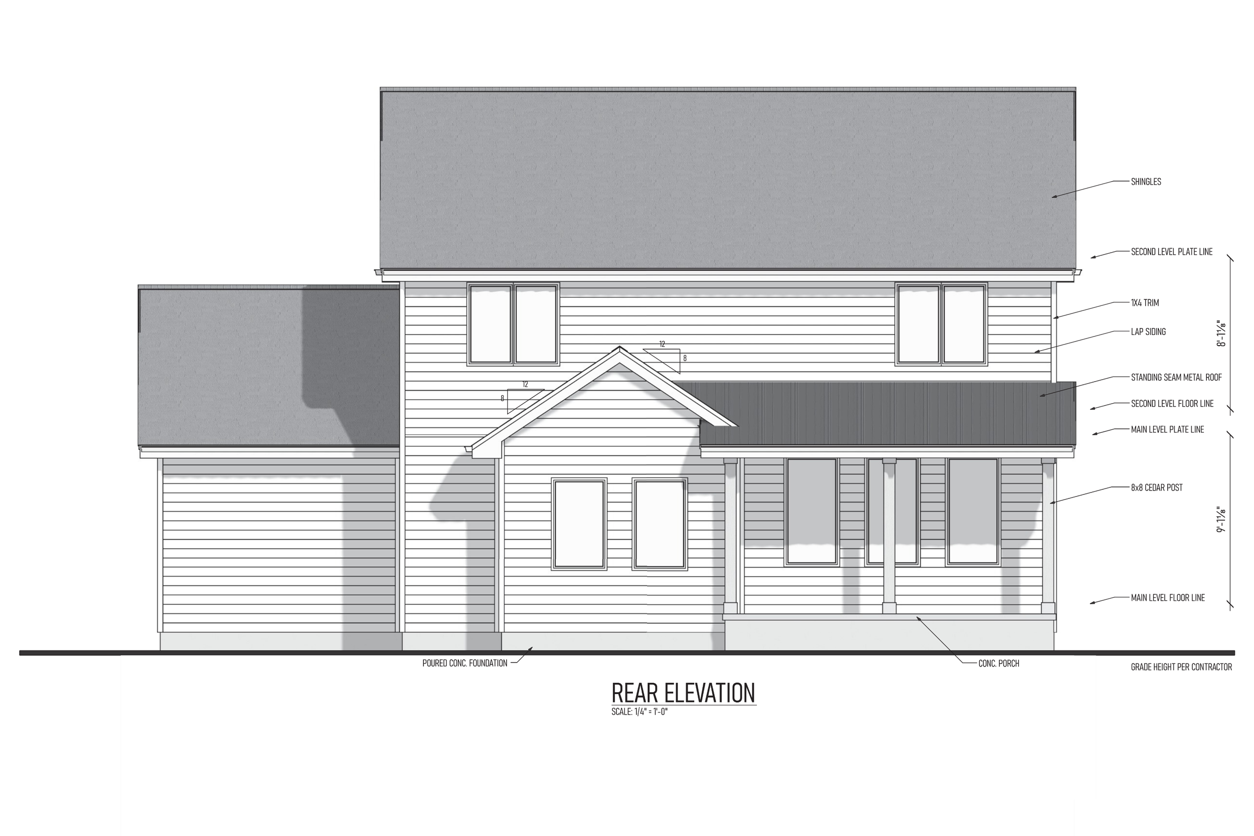 Architectural blueprint of a house's rear elevation, showing roof, siding, windows, doors, and structural details.