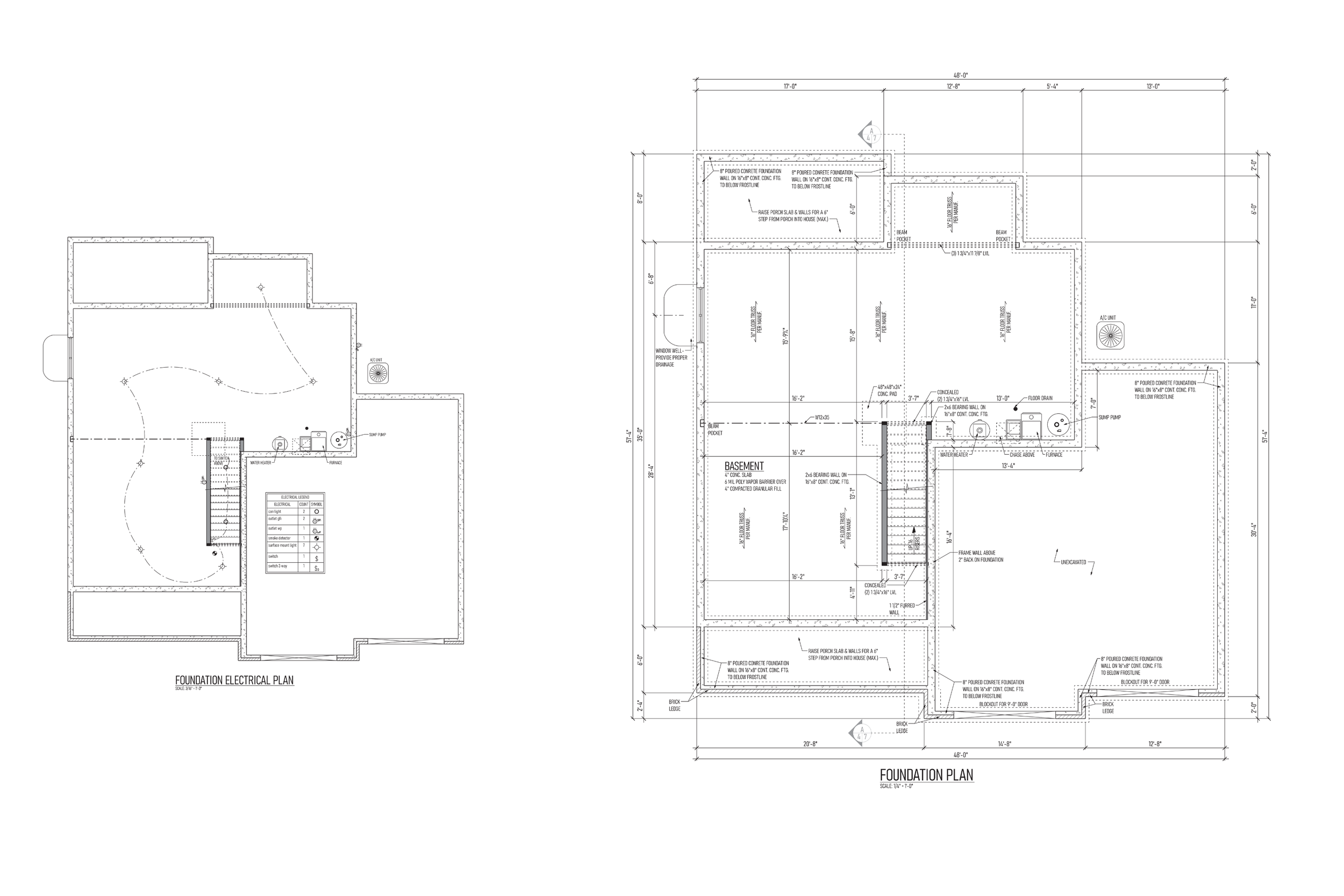 Architectural blueprints or construction plans for a building, showing foundation, floor, and electrical layout.