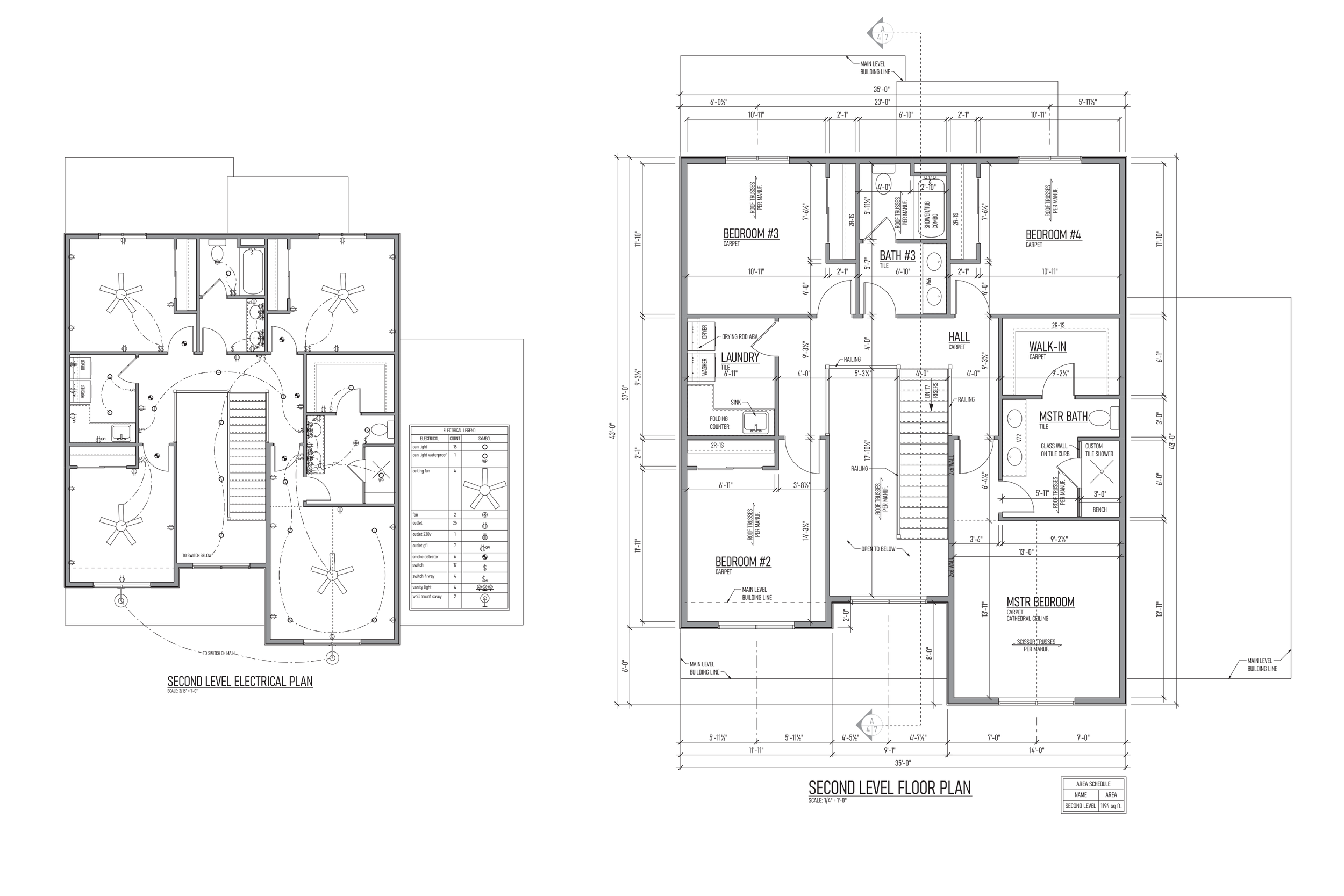 Architectural blueprint of a building's second level, showing rooms, measurements, and electrical plan details.