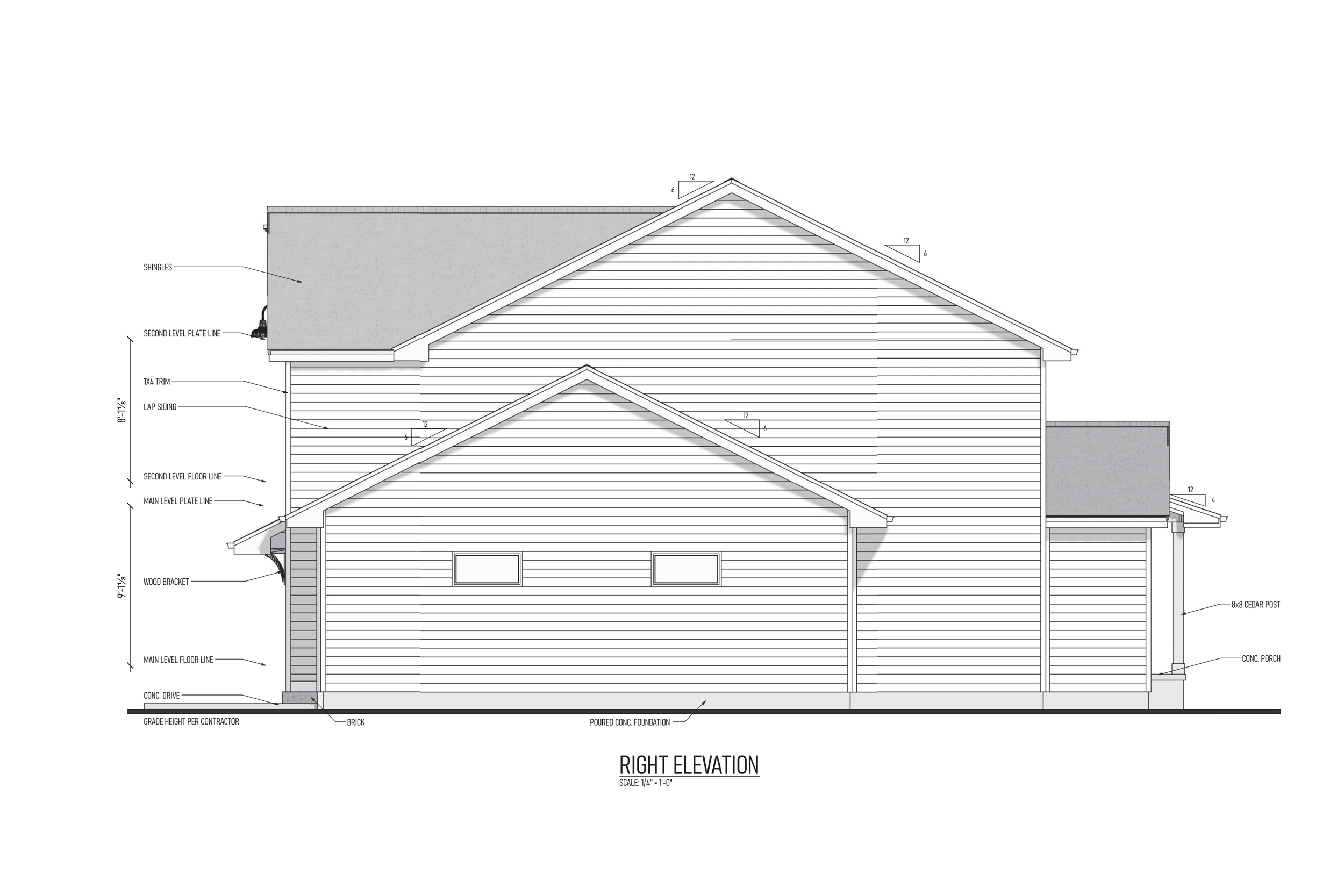 Architectural drawing of a house's right elevation with labels for construction details, including shingles, lap siding, and foundation elements.