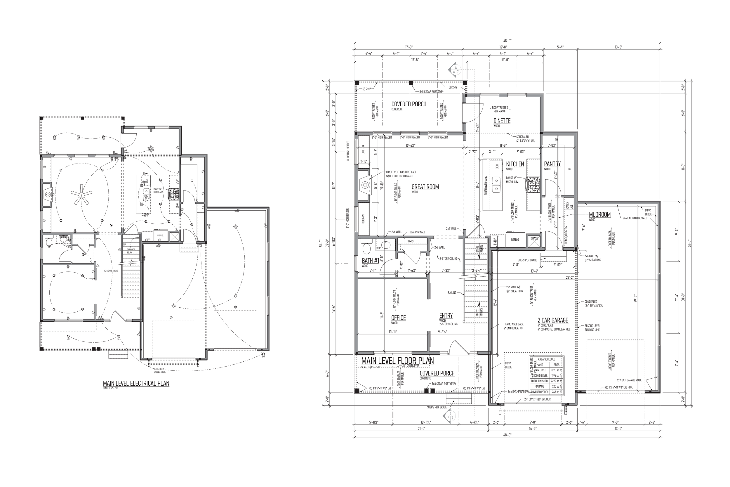 Architectural blueprint floor plans for a house, showing the main level electrical, main level, and garage layouts with detailed measurements and labels.