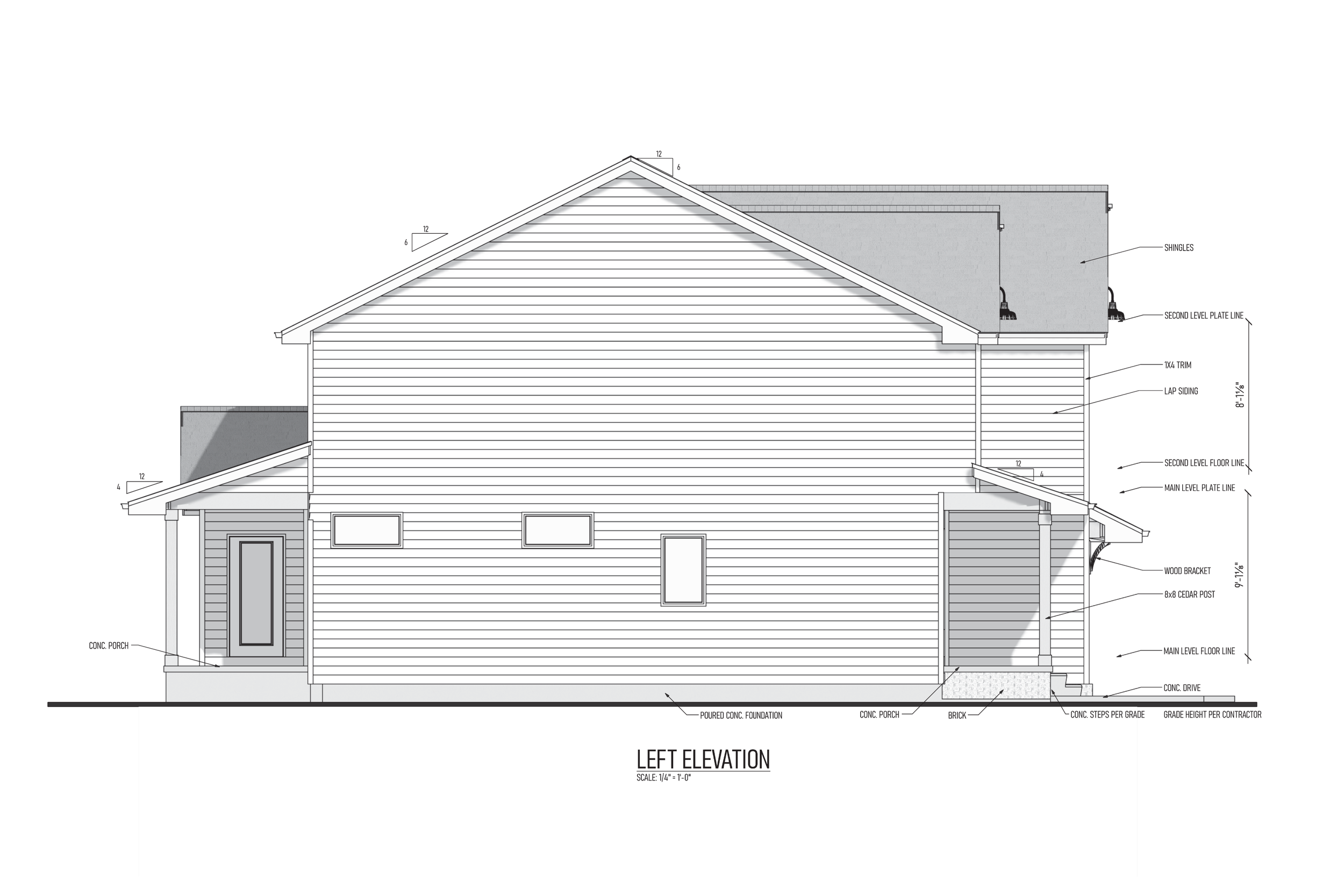 Detailed architectural blueprint of a house's left elevation showing roof structure, siding, windows, and foundation details.