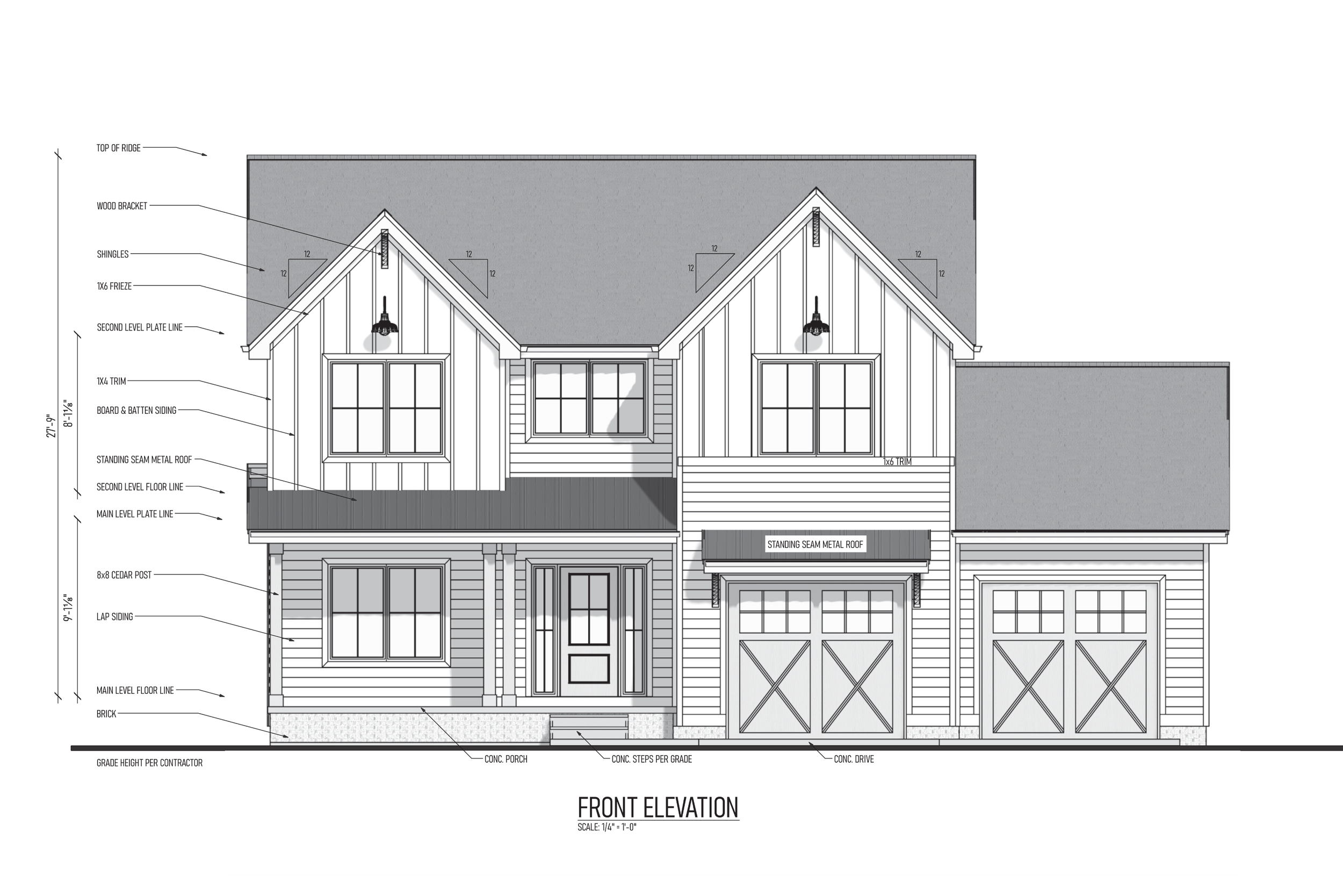 Architectural blueprint of a house's front elevation, showing details of roof, windows, doors, and siding with labels and measurements.