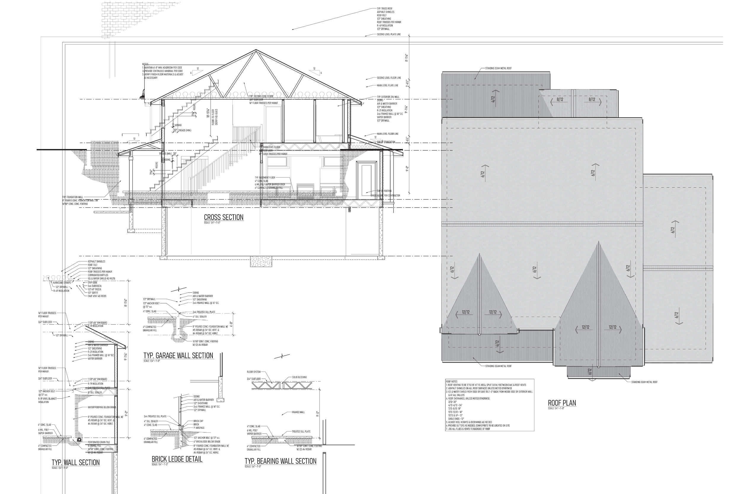 Architectural blueprint of a building, showing detailed cross-section, roof plan, garage wall section, and brick ledger detail with measurements and construction notes.