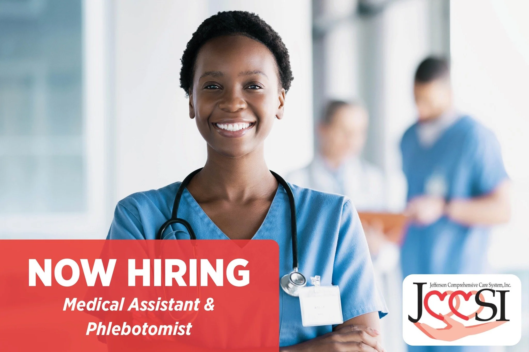 Now Hiring at Altheimer Health Center! Jefferson Comprehensive Care System is currently accepting applications for Medical Assistant and Phlebotomist.

✅ $500 Signing Bonus
✅ Excellent Benefits
✅ Bilingual applicants encouraged to apply
✅ EHR experie