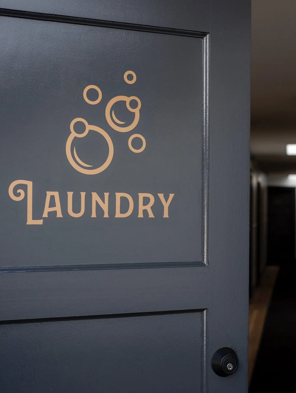 Close-up of a dark blue laundry room door with a gold laundry sign featuring bubbles and a lock.