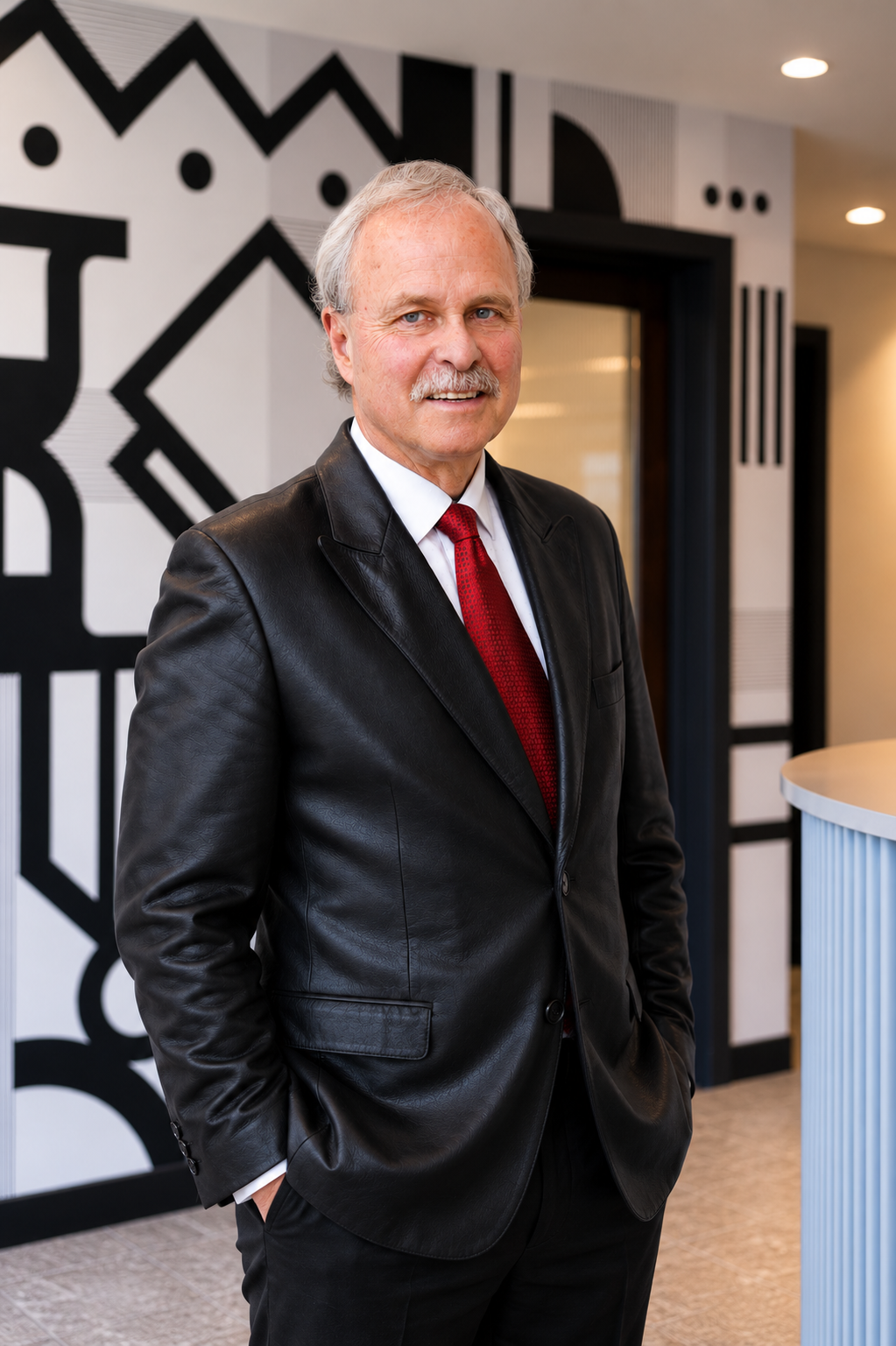 Portrait of an older man with gray hair and a mustache, wearing a black leather jacket, white shirt, and red tie, against a plain white background.