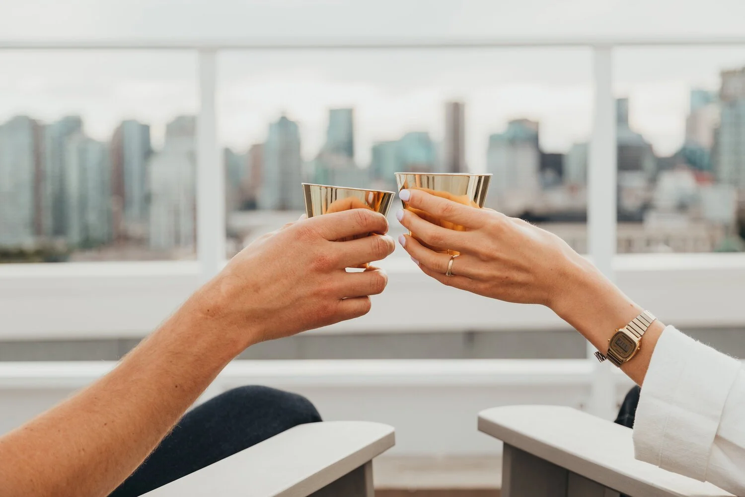 Two people clinking glasses with a city skyline in the background.