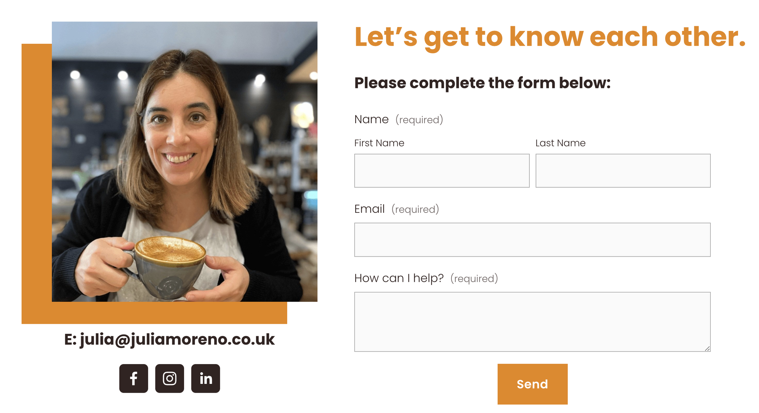 A smiling Julia Moreno with shoulder-length brown hair holding a cup of coffee in a cafe or coffee shop.