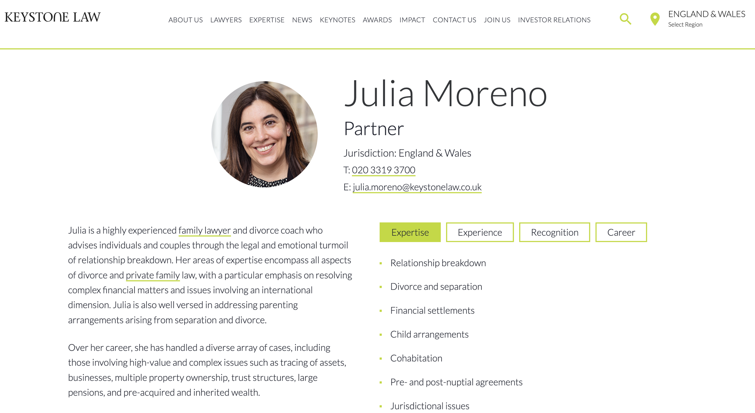 Screenshot of Keystone Law webpage featuring Julia Moreno, a partner specialising in family law and divorce. The page includes her photo, contact information, and professional expertise.