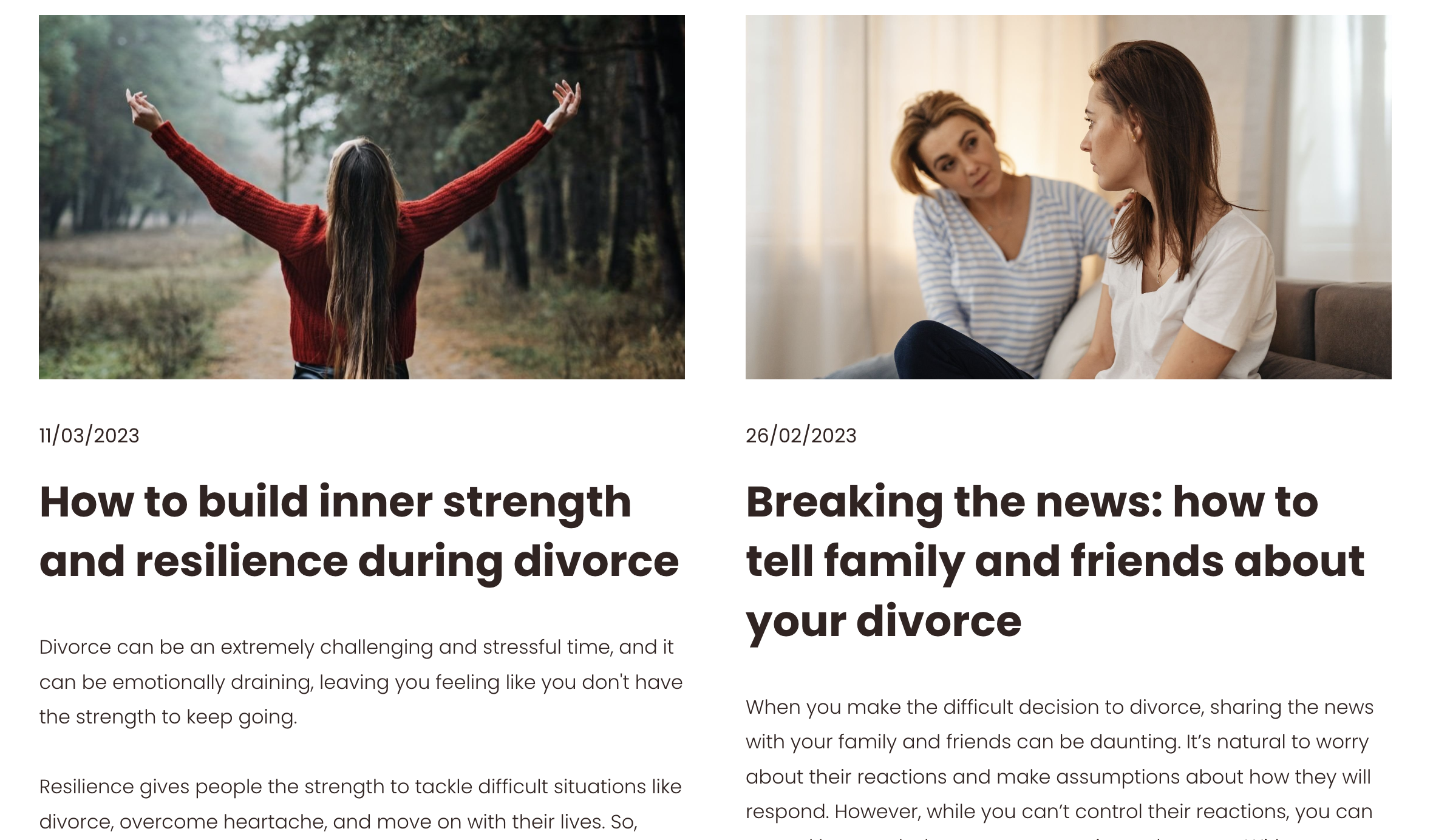 Two images side by side. The left image shows a woman with long hair wearing a red sweater, standing outdoors on a forest trail with arms raised. The right image shows two women sitting on a sofa indoors, engaged in a serious conversation, one facing the other.