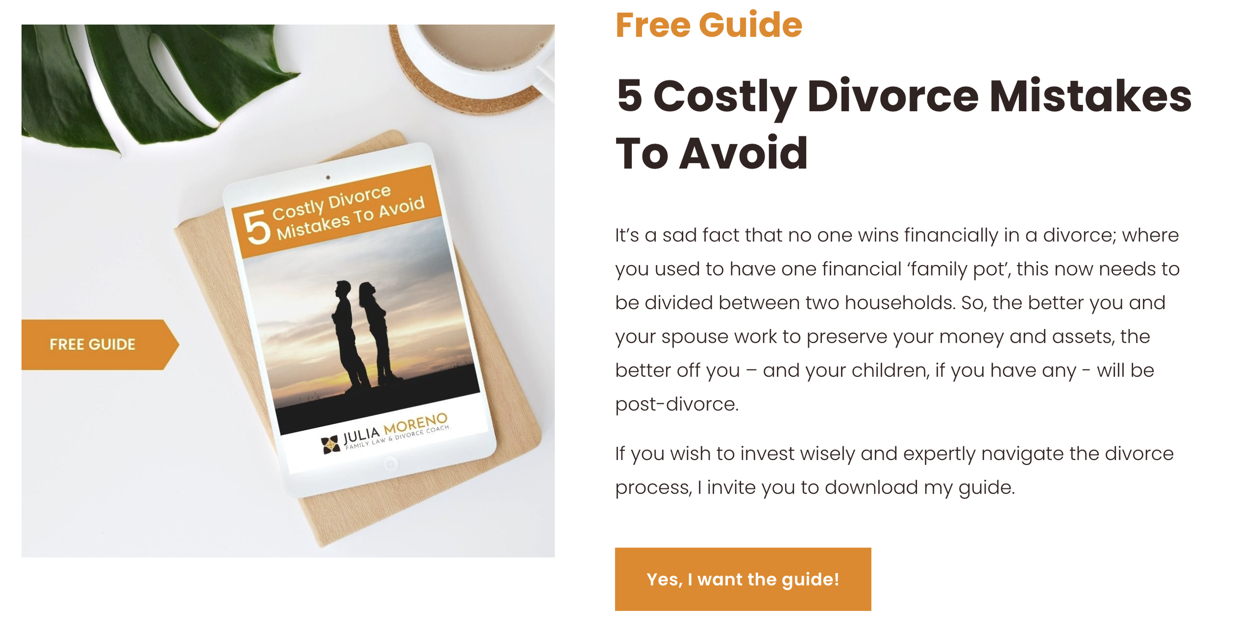 A white tablet with a pamphlet on the screen showing a couple standing apart at sunset, labeled '5 Costly Divorce Mistakes To Avoid,' placed on a light wood surface with a large green leaf and a cup of coffee nearby.