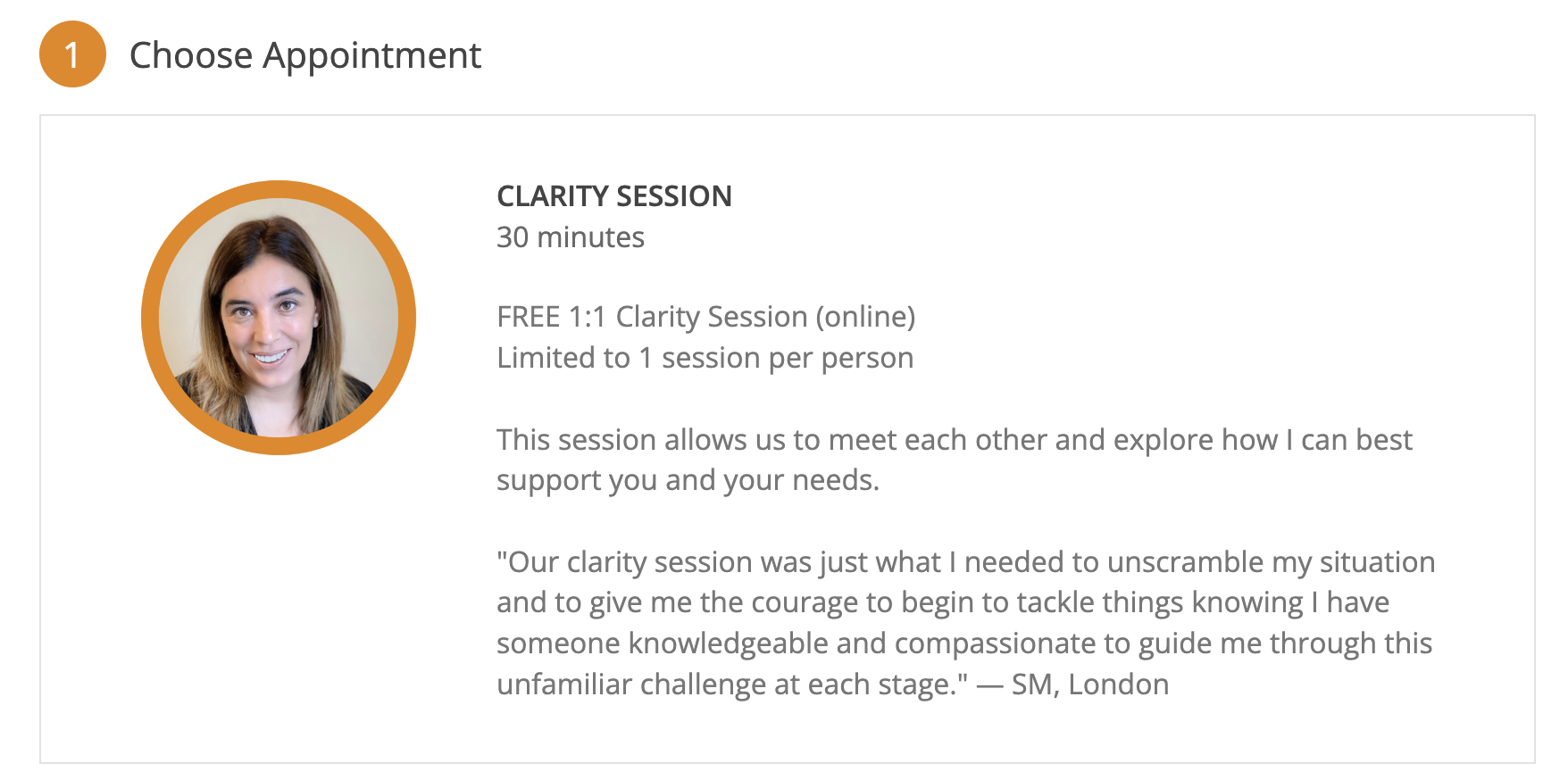 Online appointment scheduling page of Julia Moreno, family lawyer and divorce coach, displaying details of a free 45-minute clarity session for support and exploration.