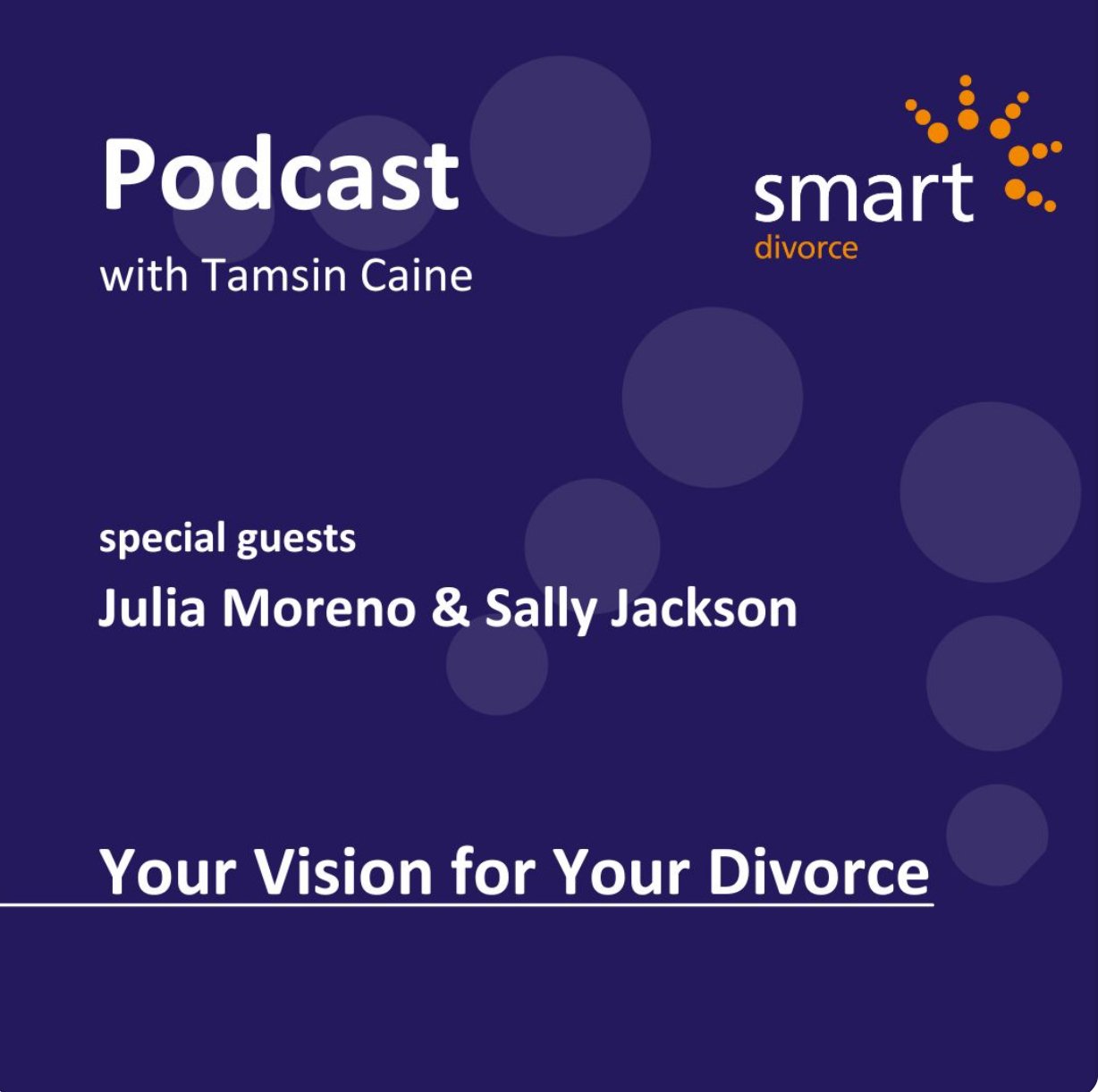 Podcast promotion graphic featuring Tamsin Caine, with special guests Julia Moreno and Sally Jackson, titled 'Your Vision for Your Divorce', with a dark blue background and orange and white text.