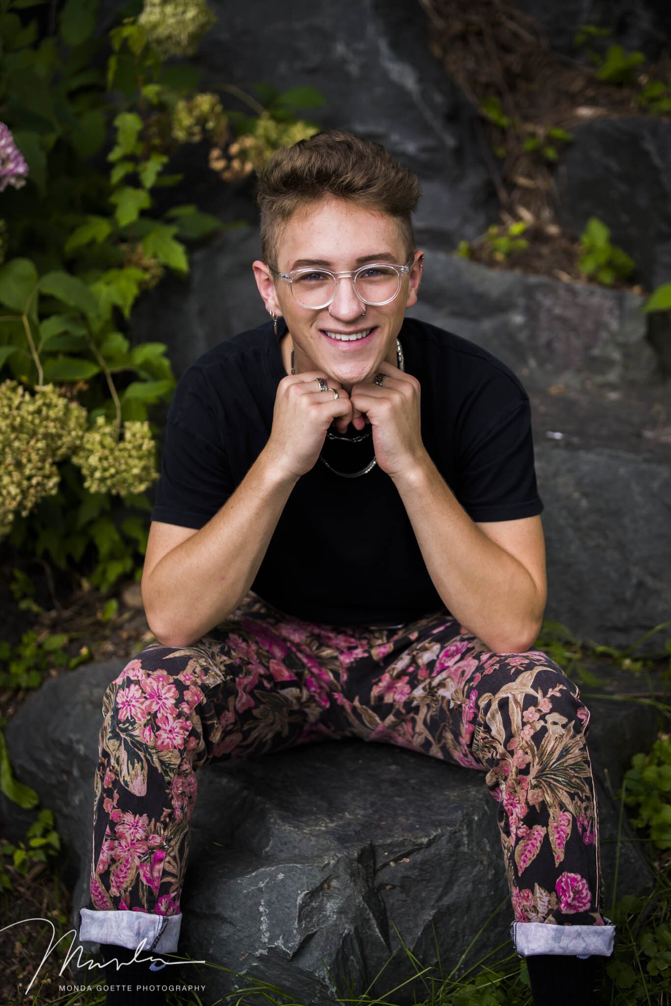 Senior guy photo shoot with fashion sense floral pants in MN