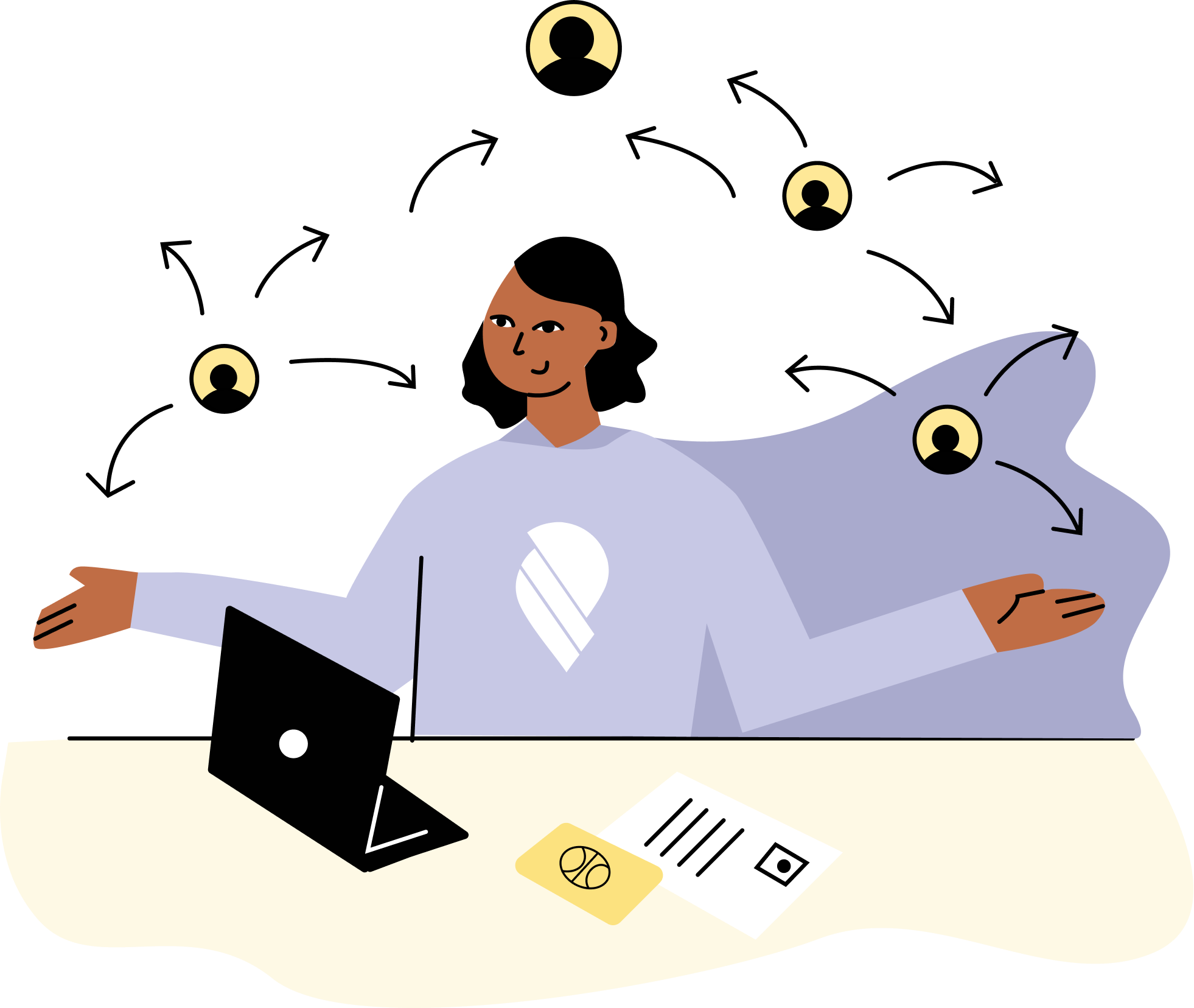 Illustration of an hr employee at a desk with a laptop managing relocation