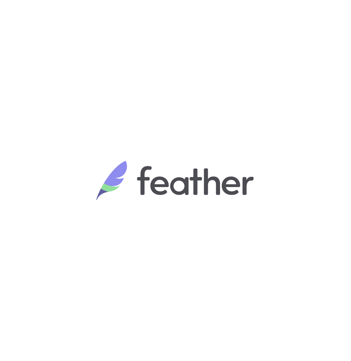 Logo with purple and green feather next to the word "feather" on a black background.