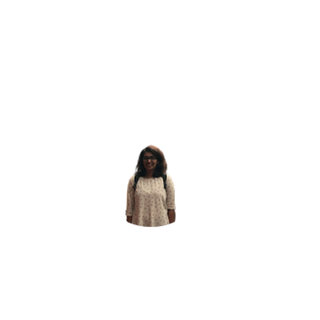 A woman standing, smiling, with a backpack