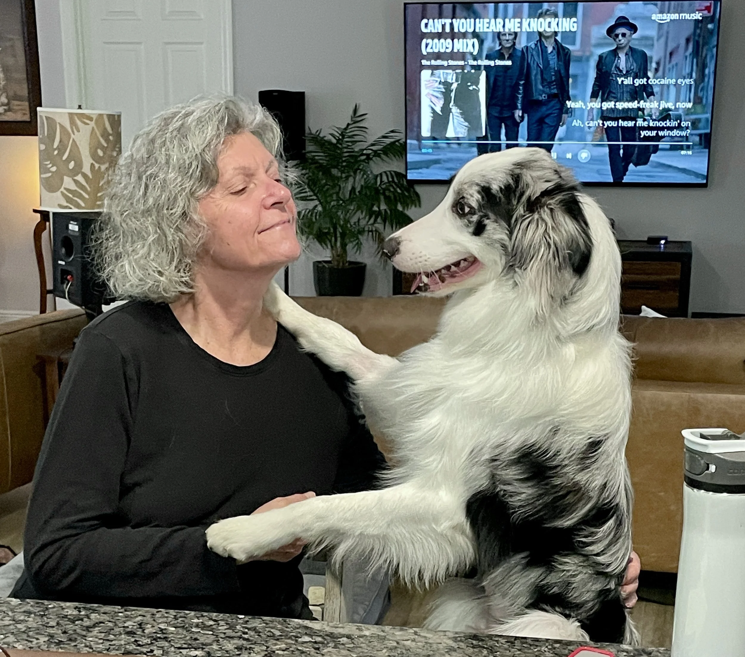 A woman with curly gray hair in a black shirt holds a merle Australian Shepherd dog, who is sitting on a countertop with its front paws resting on her. The woman and dog are looking at each other with affection. In the background, a TV screen displays lyrics of a song.