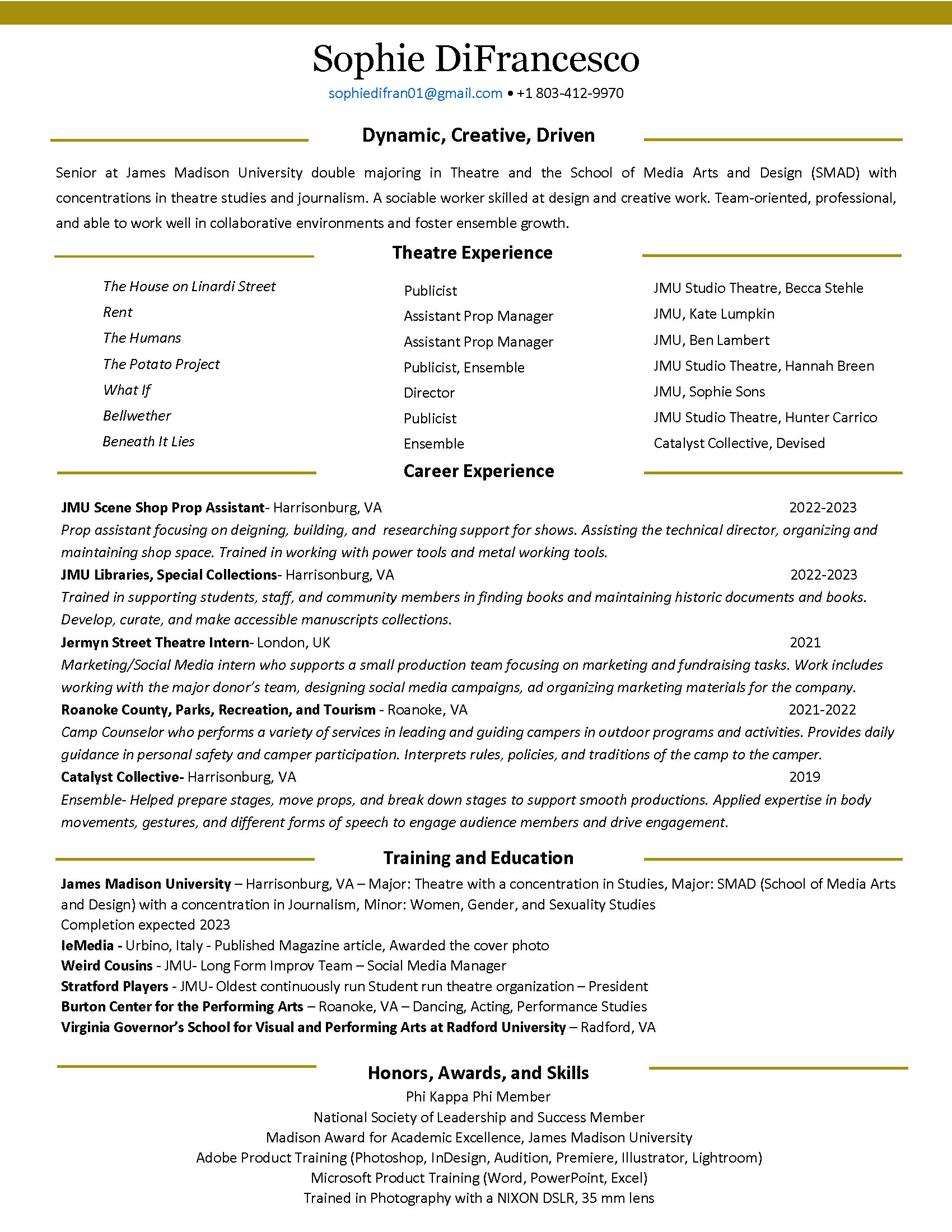 Resume amp Headshot Sophie DiFrancesco - DiFrancesco Resume Media Intern 2022 Updated 1 