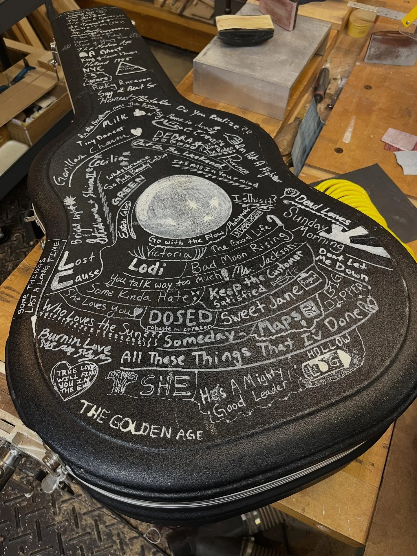 My favorite client guitar case to date. A busker&rsquo;s case with known songs listed so he doesn&rsquo;t have to do anything other than glance at his case to choose the next one to play.