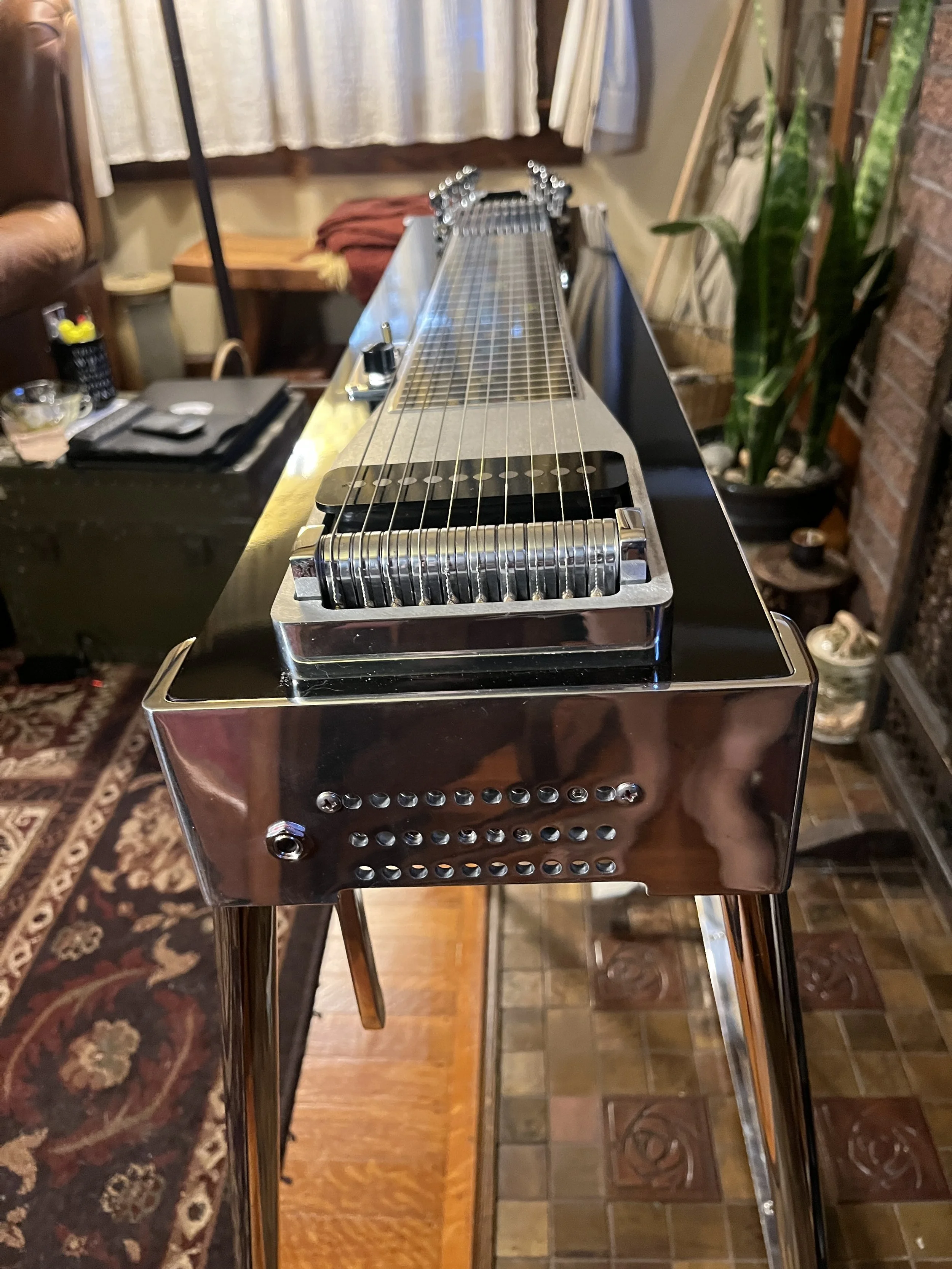 Looking down the neck of the Emmons Resound'65 S10 Pedal Steel from the tailpiece end.